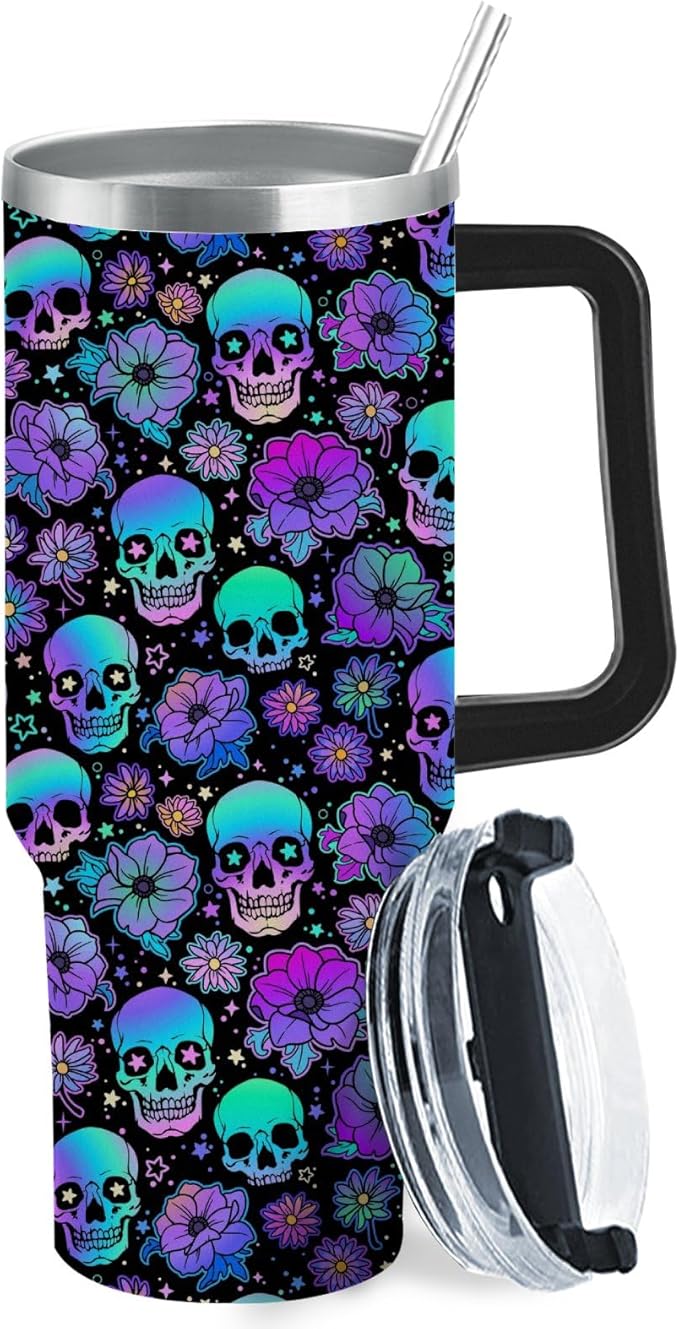 XMDZH Sugar Skull Flower 40oz Tumble with Handle, Stainless Steel with Lid Gifts for Skull Lovers Skinny Wine Tumbler Skeleton Coffee Cup, Sugar Mug, Skeleton Gifts for Birthday Christmas