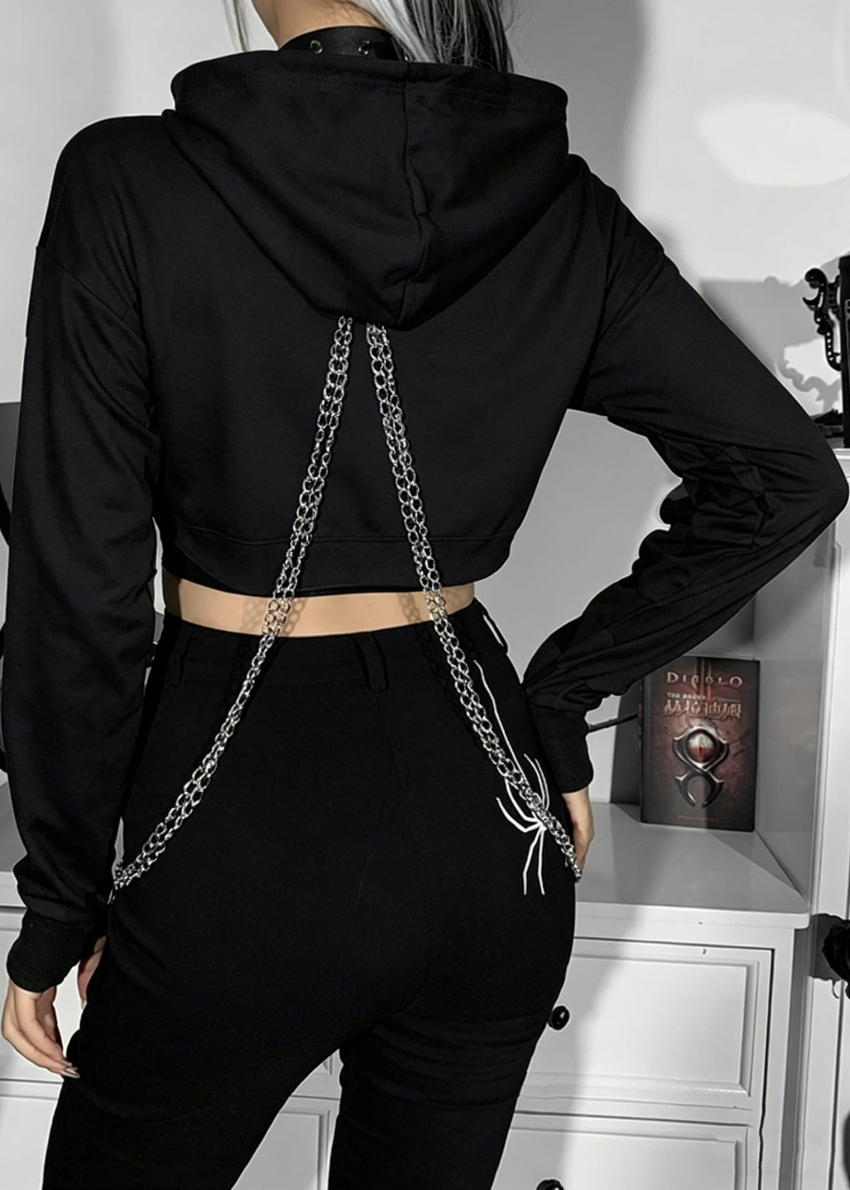 Top de verano para mujer Crop Hoodie Sudadera con Capucha y Cadena Corta Top Capucha Blusa Negra Camiseta Básica