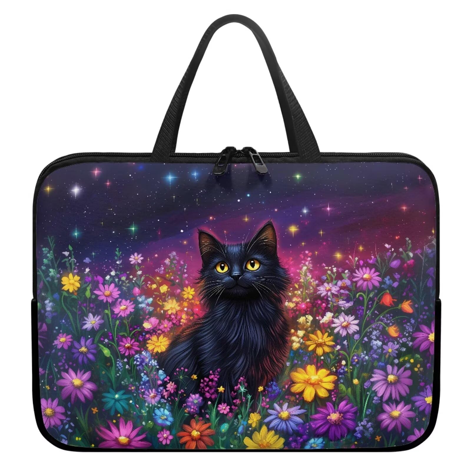 ZIATUBLES Daisy Floral Black Cat Print Laptop Sleeve 10-17 inch, Shockproof Protective Computer Carrying Cover Case Briefcase Laptop Sleeve Bag for