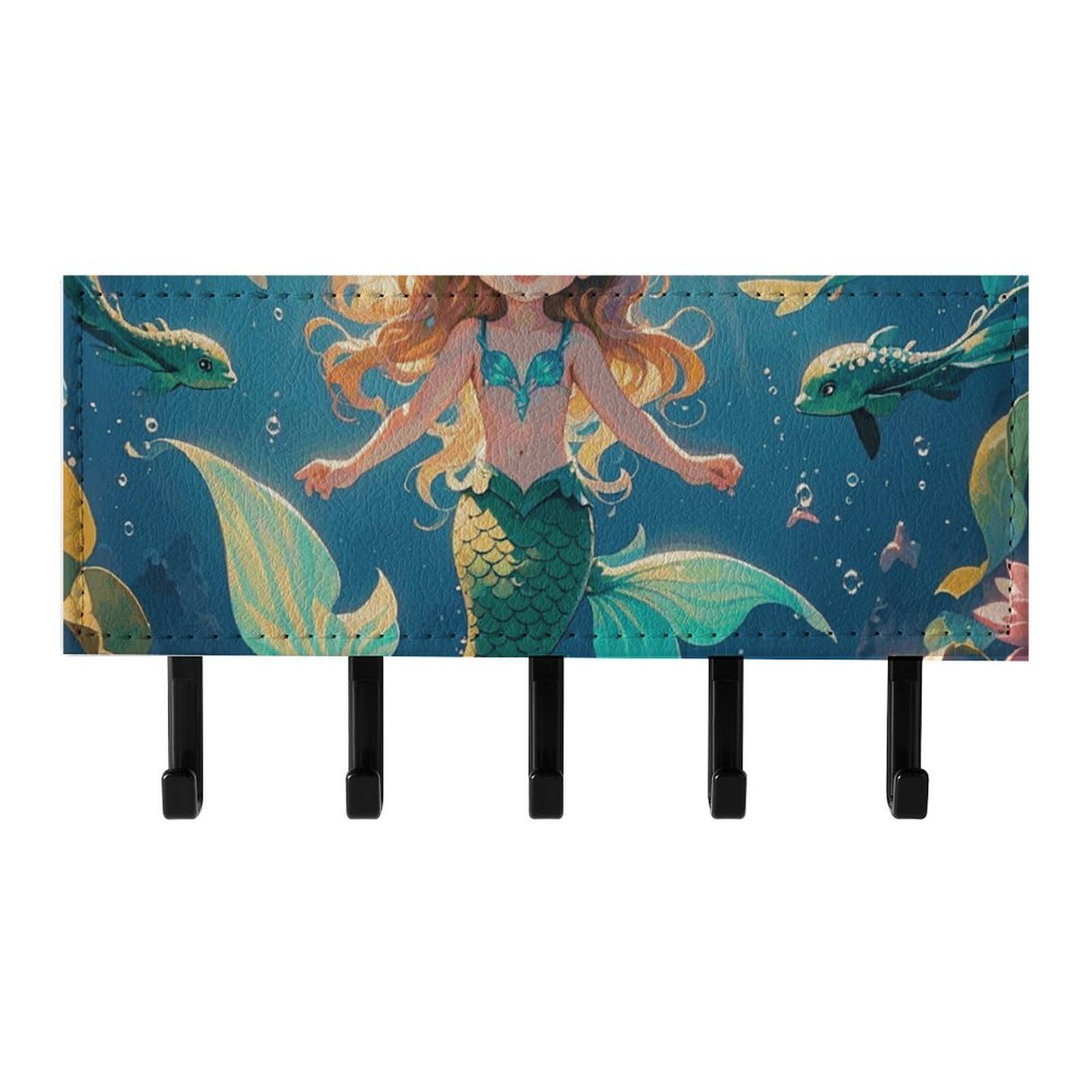 QMNLKH Mermaid Wall Mounted Key Rack for Home, No Drilling Key Holder with 5 Hooks, Self Adhesive Keys Chain Organizer for Hallway, Keys Hanger Shelf for Office, Doorway Black