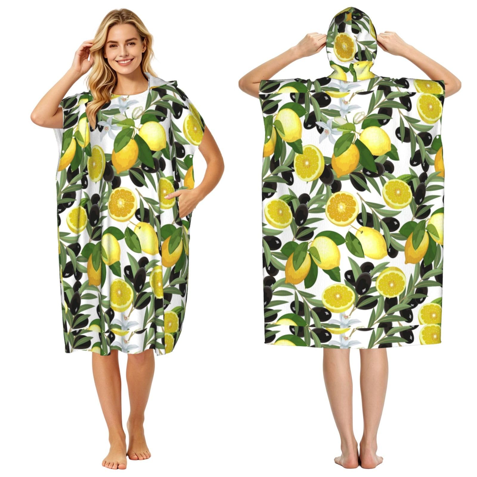 Poadnly Lemon And Olive, Adult Hooded Beach Towel 90 x 110 cm,Changing Bath Robe, Surf Poncho Towel For Women Men