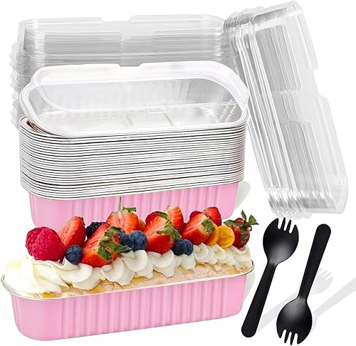 Fodofodo 20 mini moldes rectangulares con tapas, mini moldes para pasteles con tapas, moldes desechables para hornear, moldes para magdalenas, tazas