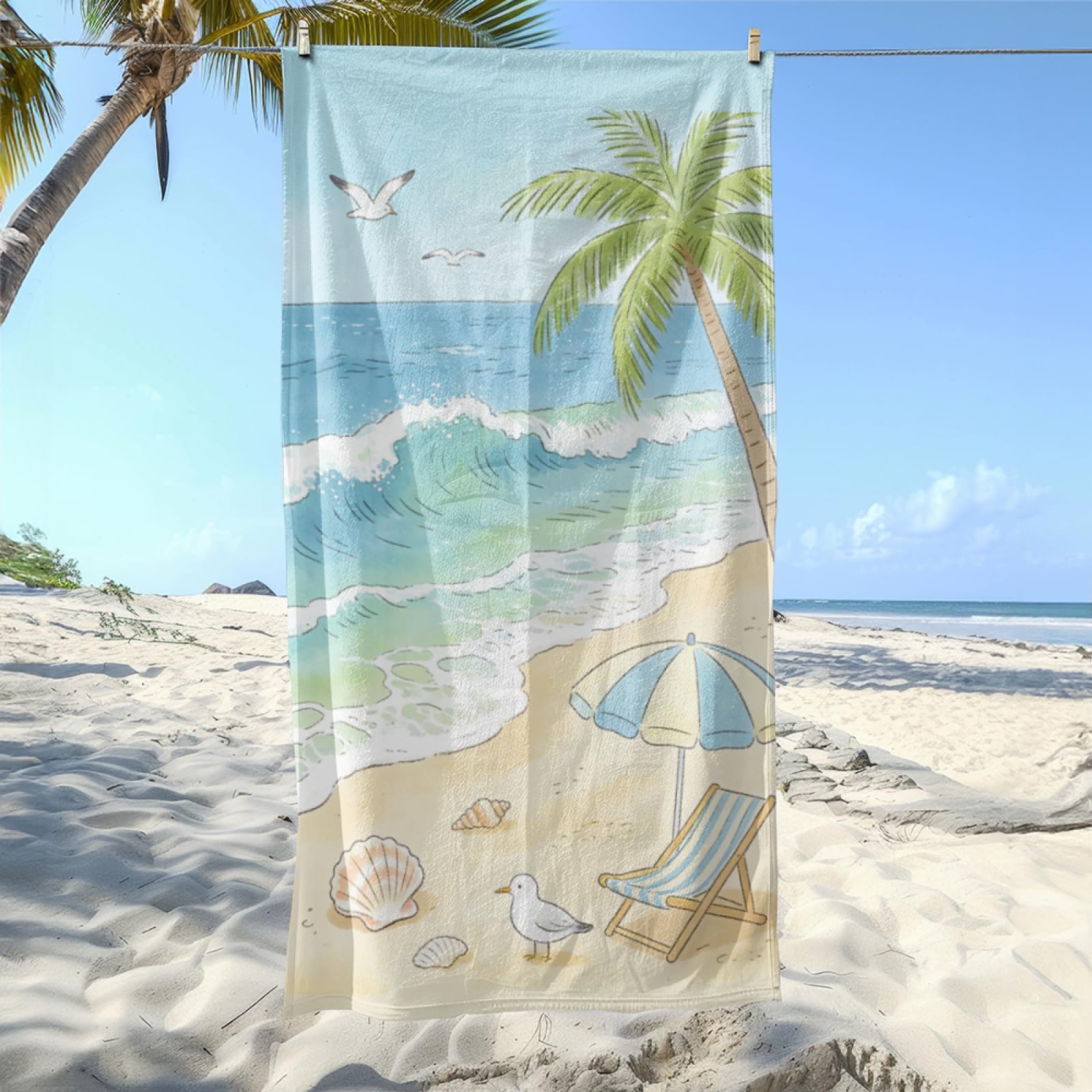 Microfibre Beach Towel 180x90cm Seagull, Blue Extra Large Beach Towels Sandproof Quick Dry Foldable Storage for Travel Beach Pool Camping Bathing