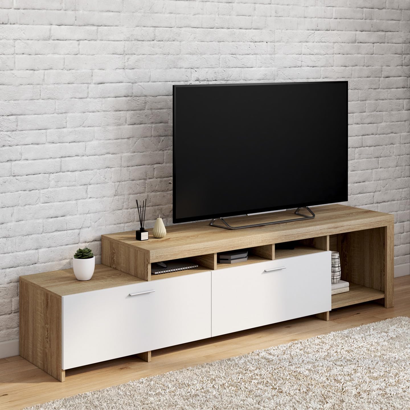 IDMarket - Meuble TV 180 cm Malo Bois et placards Blancs