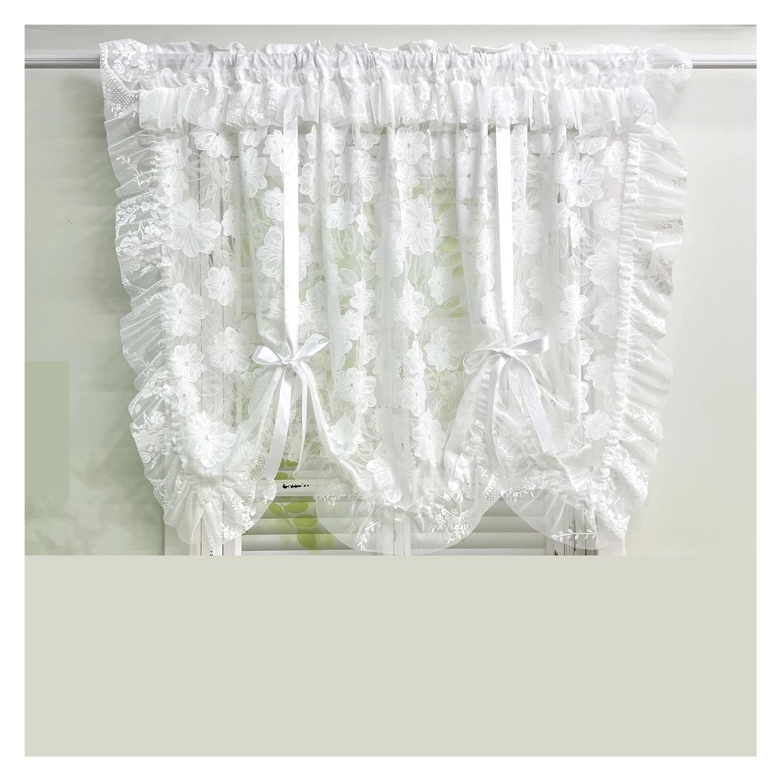 HEUchuan Ruffled Curtains Vintage Flower Ruffle Curtains, Jacquard Farmhouse for Kitchen Small Window Half, Adjustable Height(ROD POCKET_1PC W150 X H100 CM)
