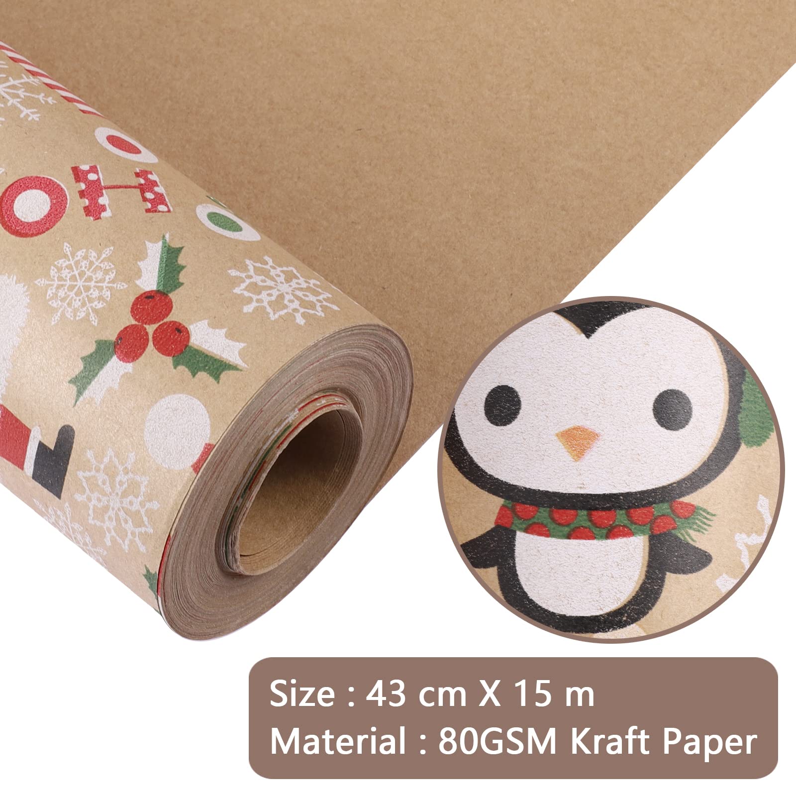 HBell Christmas Wrapping Paper Roll, 43cm x 15m, Kraft Paper with White Star, Dots, Christmas Trees, Moose, Snowflake - Image 2