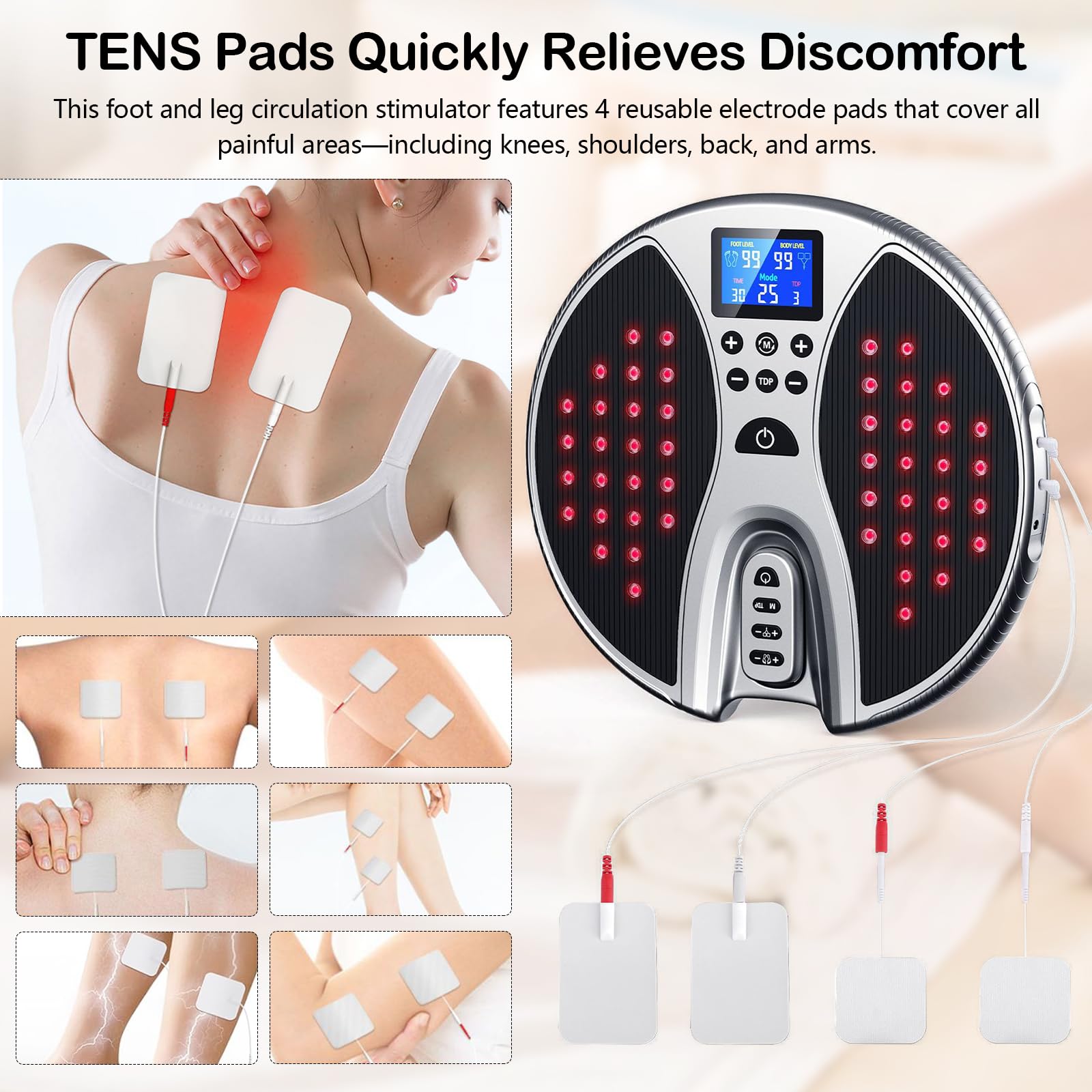 Stimolatore Circolazione per Piedi e Gambe, Massaggiatore Elettrico per Piedi con 4 Elettrodi, 25 Modalità e 99 Livelli di Intensità, Terapie EMS, TENS e Infrarossi, Migliora la Circolazione