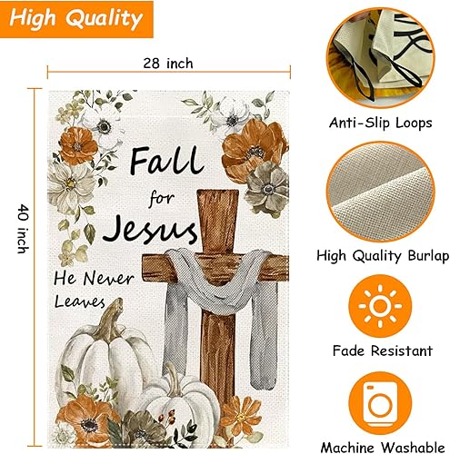Miniatura 2 de Bandera de jardín con texto en inglés "Fall for Jesus He Never Leeds", banderas de cruz de otoño de 28 x 40 pulgadas, doble cara, bandera de
