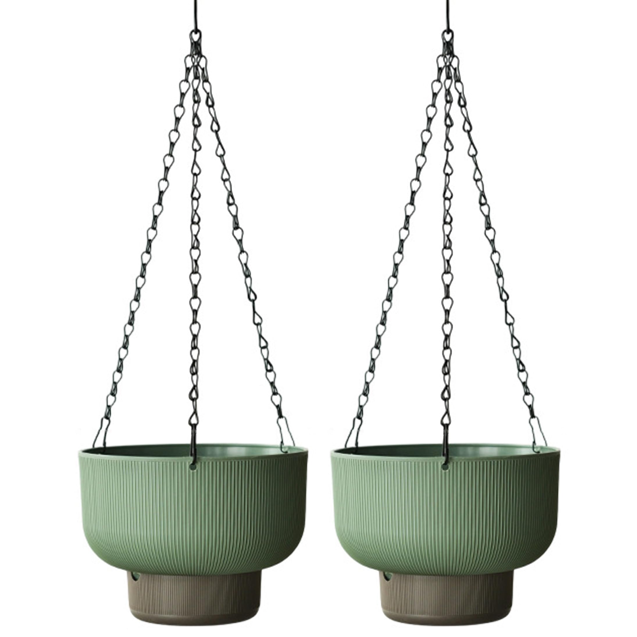 Ameble 2 Pack Hanging Flower Pots with Water Storage Tray, Dual-Use Baskets for Indoor Plants, Hanging Planter for Herbs and Flowers, Green, 6.30 Inch (16cm)