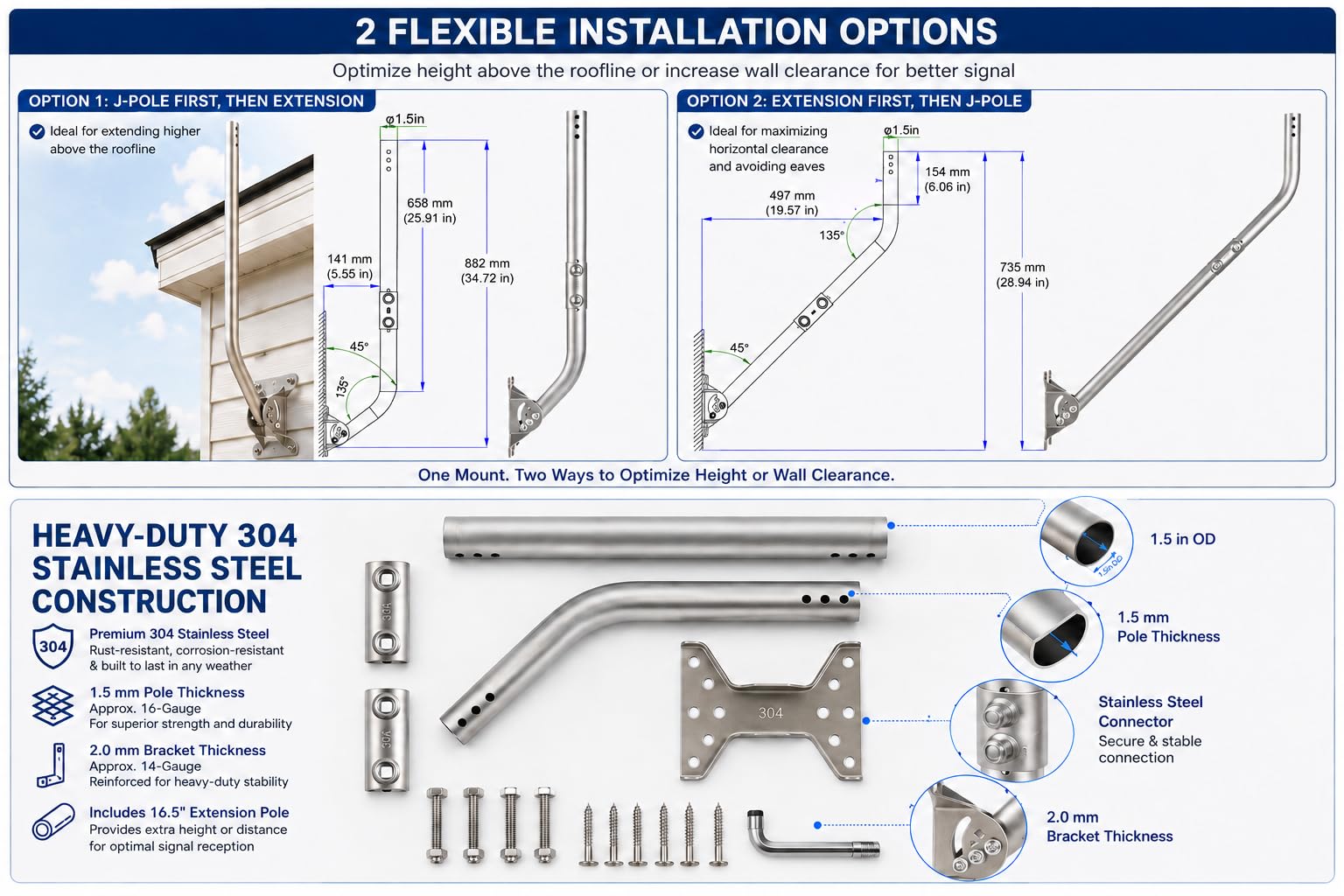 CEKAY Poste de montaje universal de acero inoxidable 304 (1.5 pulgadas de diámetro x 35 pulgadas de largo), mástil de poste en J resistente para antena y satélite, Starlink y estación meteorológica