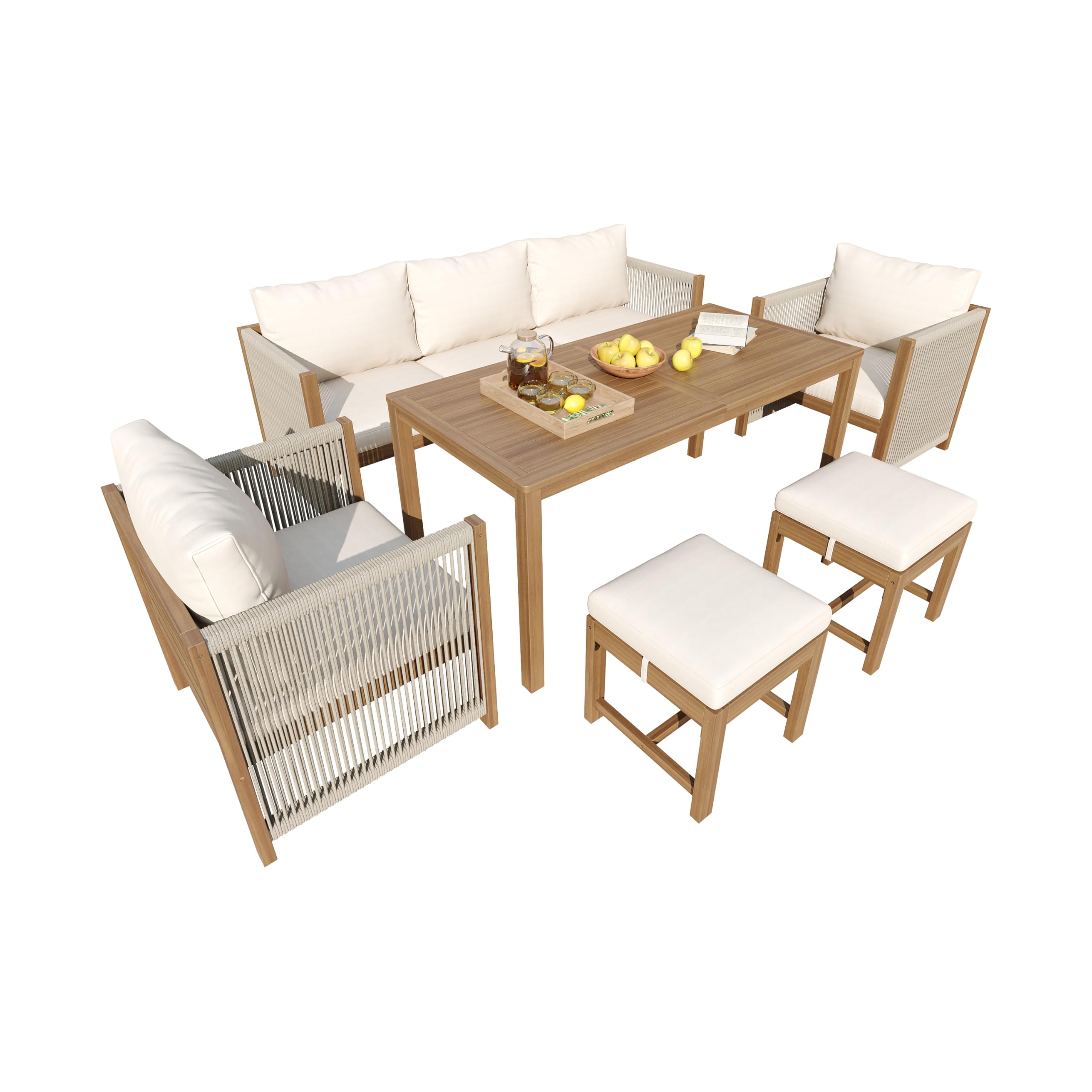 Set di 6 sedie da giardino, set di mobili da giardino, 3 divani, 2 divani, 2 sgabelli, tavolo da pranzo, tavolo in acacia (beige)
