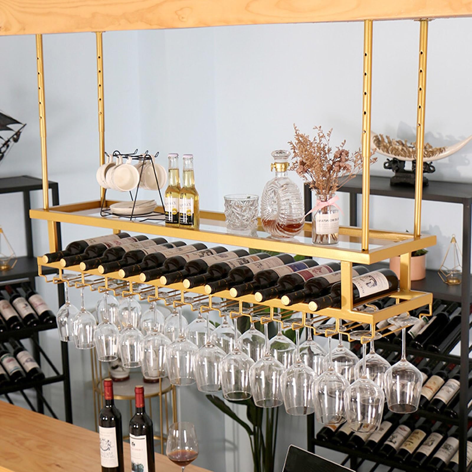 Wall Mount Bottle Holder, Ceiling Wine Glass Rack Gold, Metal Wine Glass Organizer, Width/height Adjustable, Large Storage Space, Space Saving, For Kitchen, Bar