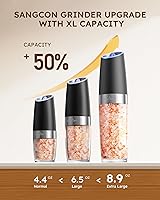 Vista 2 de Sangcon Gravity - Juego de molinillos eléctricos de sal y pimienta agitadores MEJORADO capacidad XL de 9 onzas, funciona con pilas, rellenable