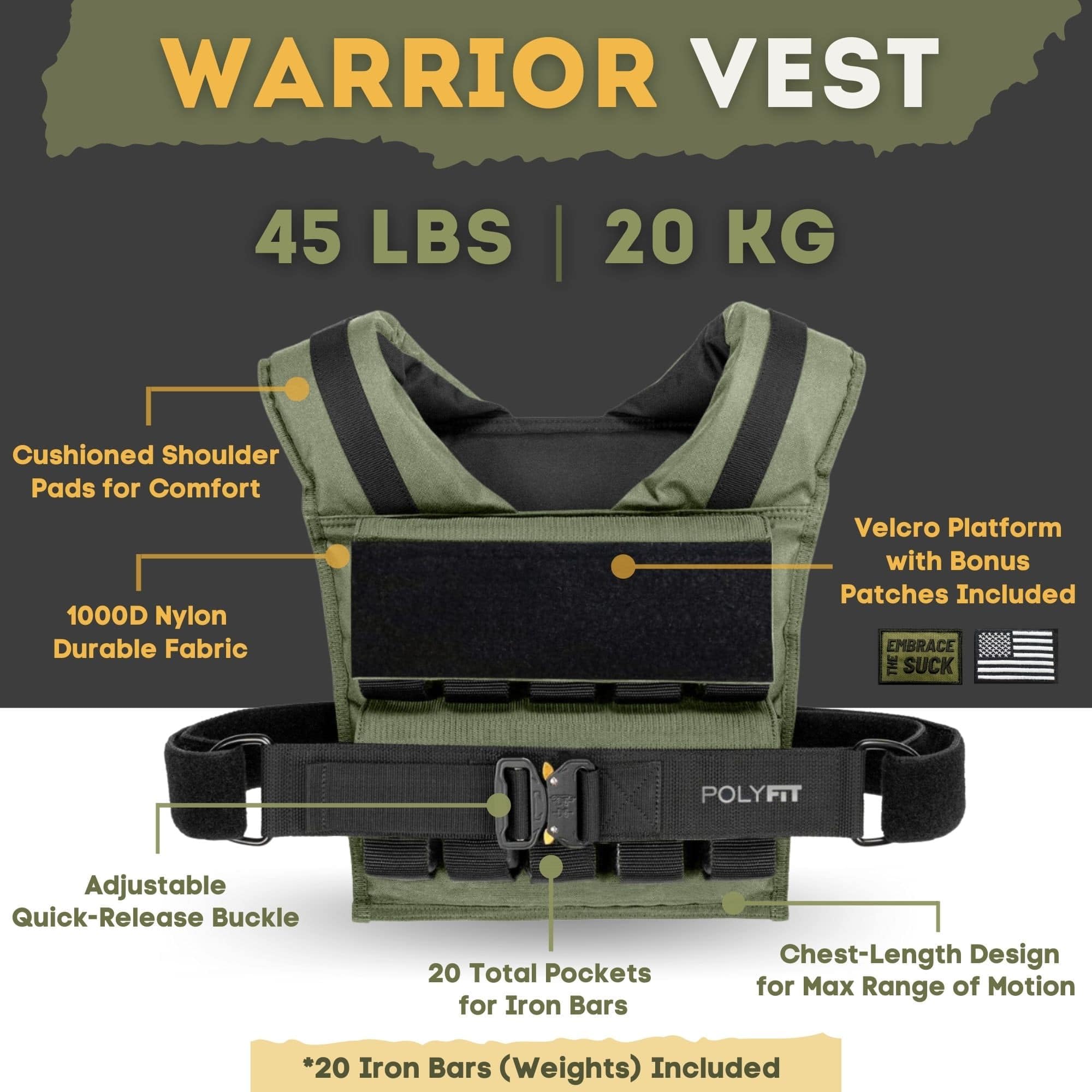 Polyfit (Warrior) Verstellbare Gewichtsweste - 11,3 kg | 15,9 kg | 20,4 kg - Gewichtsweste mit verstellbaren Eisengewichten für Männer und Frauen für Workouts, Krafttraining, Rucking