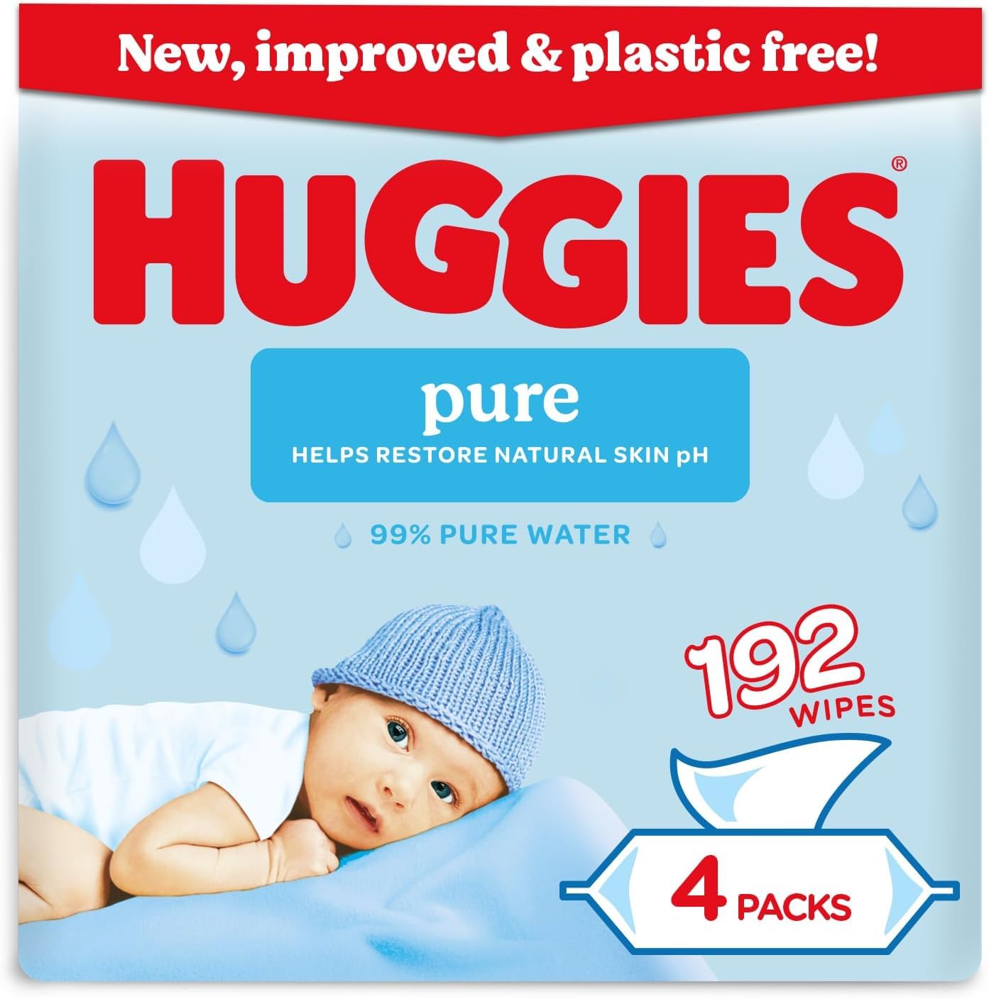 Huggies Pure Plastic Free Baby Wipes - 4 Packs Of 48 Wipes