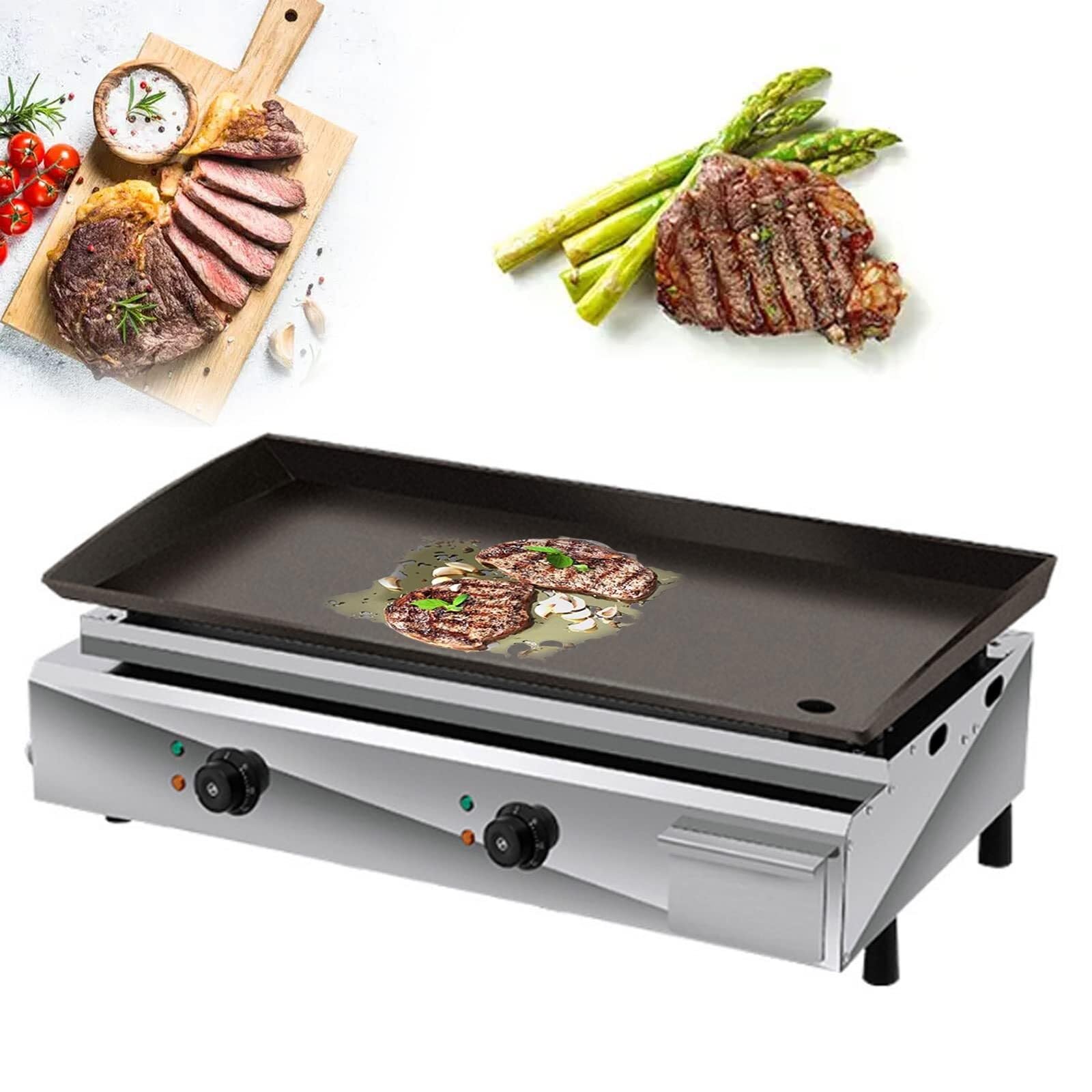 Large Electric Griddle Hot Cooking Plate, Commercial Stainless Steel Adjustable Countertop BBQ Grill, 110-240V 4KW Nonstick for Omelettes, Fried Eggs, and Barbecue