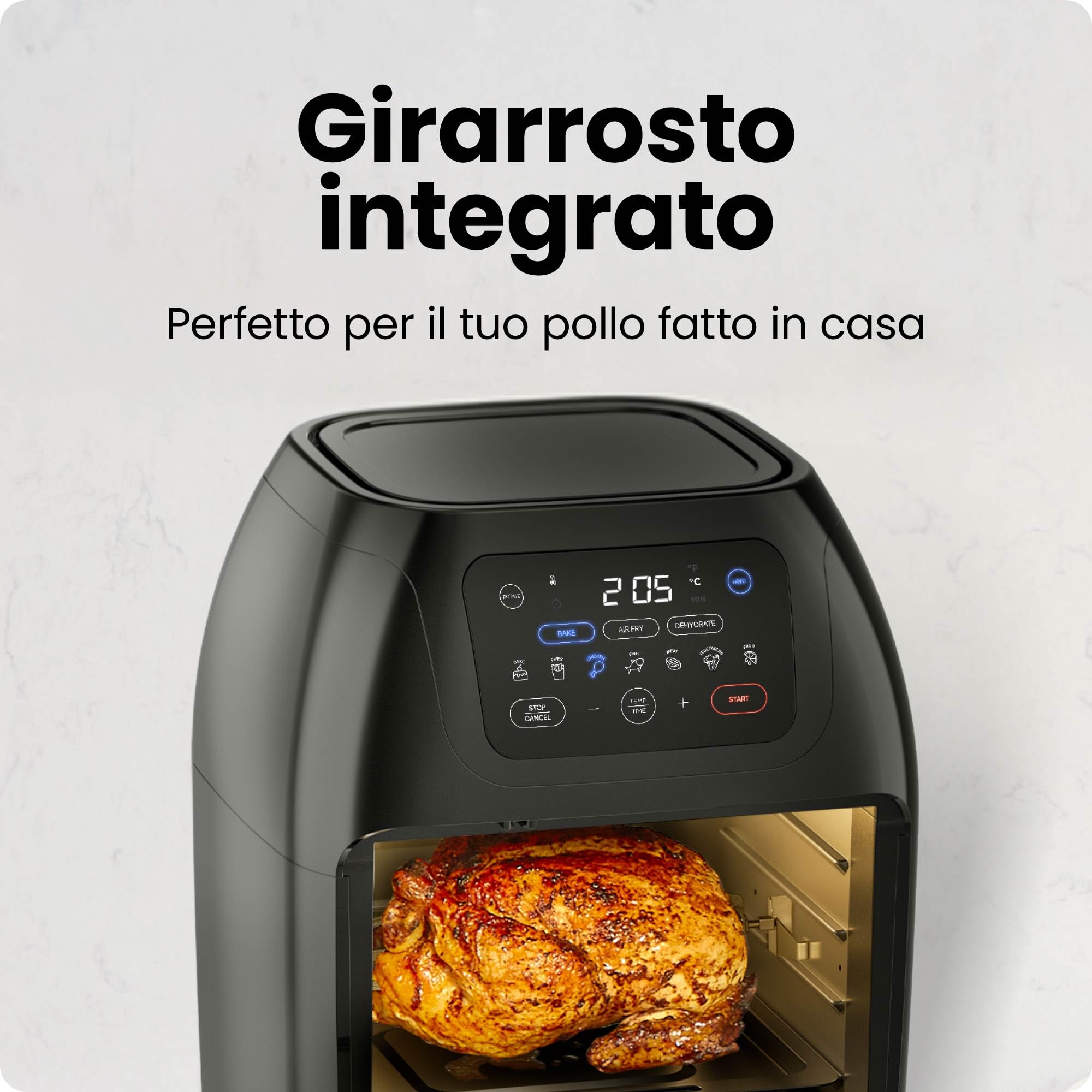 Chefman Friggitrice ad Aria 10L con Girarrosto, 17 Preselezioni Touch | Multifunzione, Disidratatore, Convezione, Friggere, Arrostire, Spegnimento Automatico, Formato XL, Nero