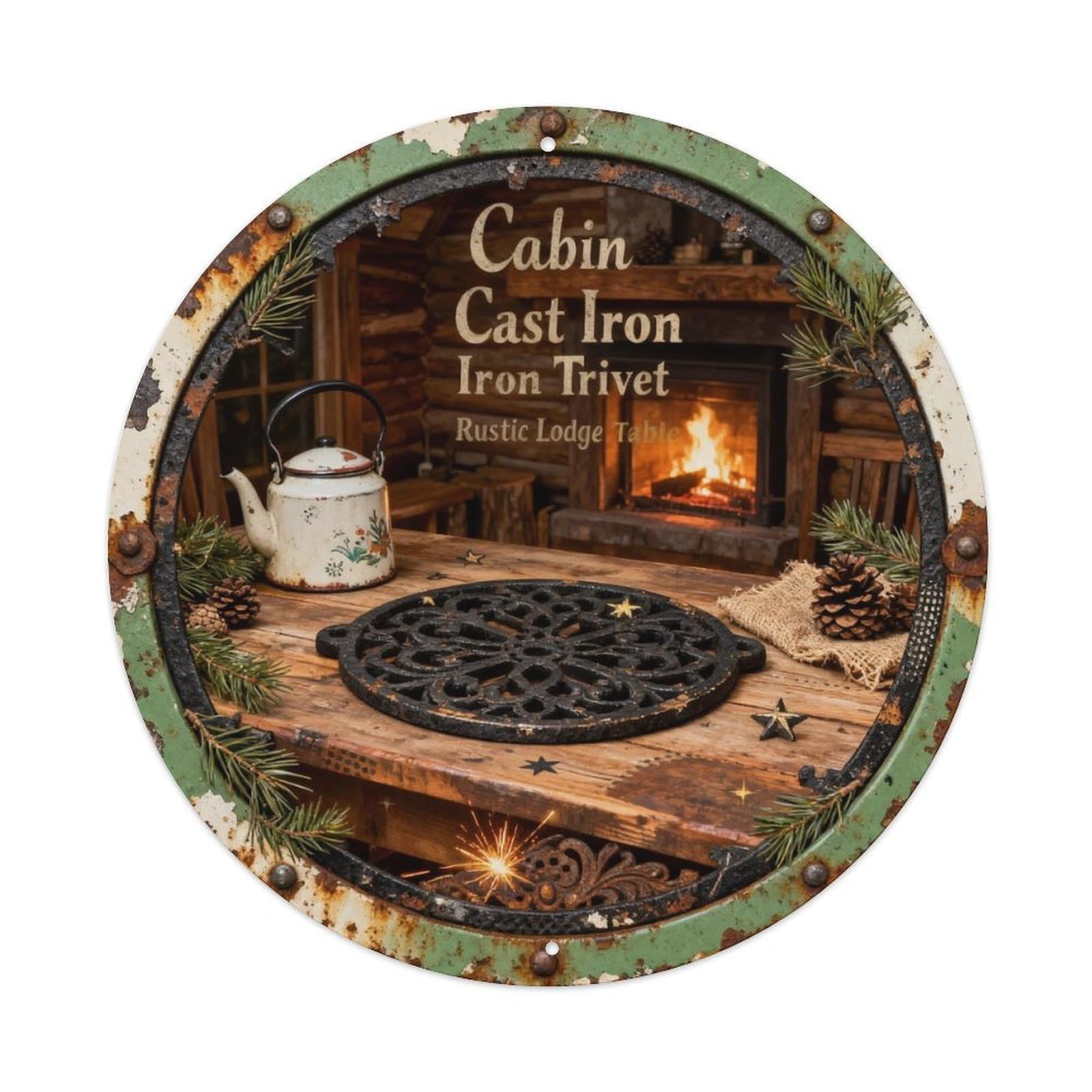 Cabin Cast Iron Trivet Metal Tin Sign Plaque