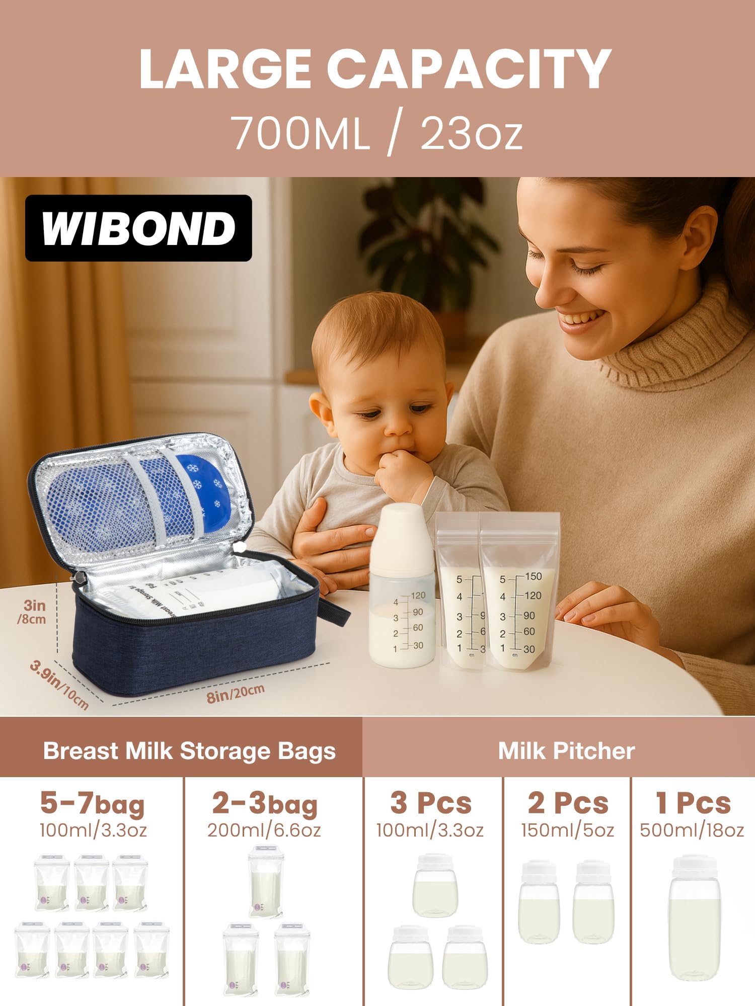 WIBOND Breast Milk Bag, Real-Time Temperature Display Cooler Travel, Holds 4-6 Breastmilk Storage Bag with 2 Ice Pack - Image 4