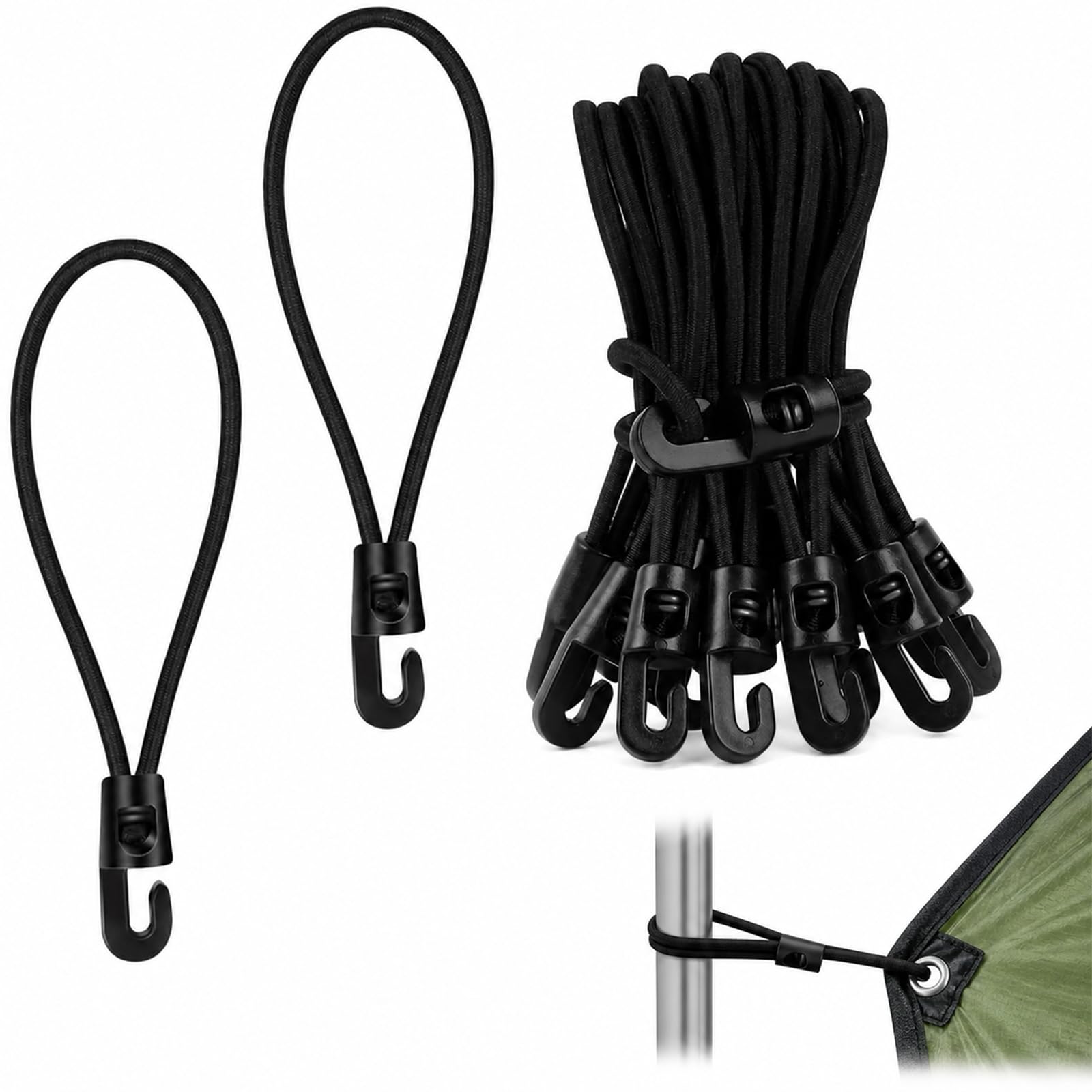 10cm Bungee Cords with Hooks – 20 Pack Heavy Duty Tarp Ties – Stretchy Elastic Tent Straps for Camping, Outdoor, Canopy, Tarpaulin & Shelter Setup