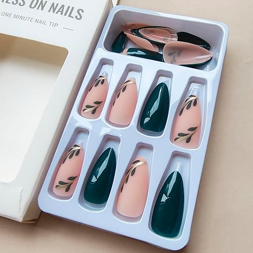 Uñas postizas a presión de almendra, hojas verdes puras, uñas postizas con diseños de líneas doradas, uñas acrílicas, color verde negruzco, uñas