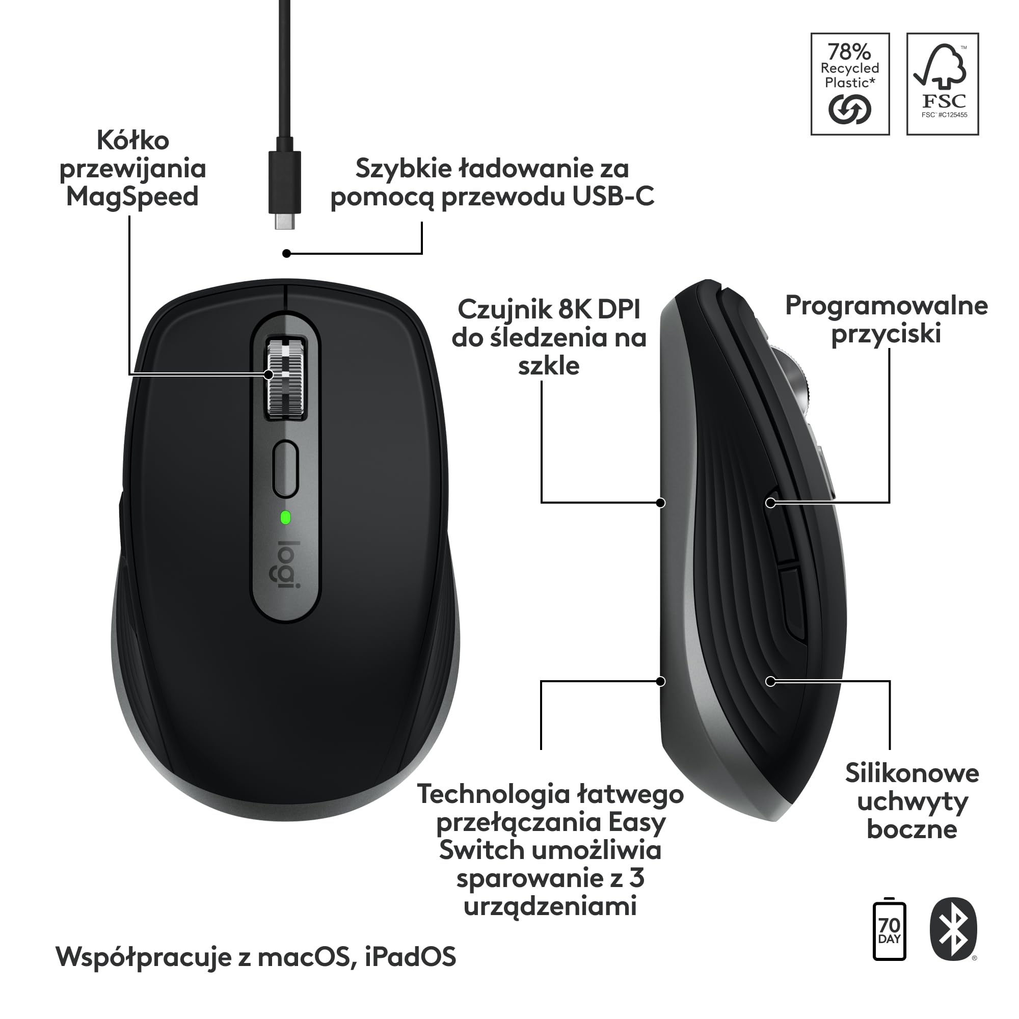 Logitech MX Anywhere 3S for Mac, kompaktowa bezprzewodowa mysz Bluetooth, sensor 8K DPI działający na każdej powierzchni,ciche kliknięcia,USB C,mysz bezprzewodowa do MacBooka,iPada - Kosmiczna szarość