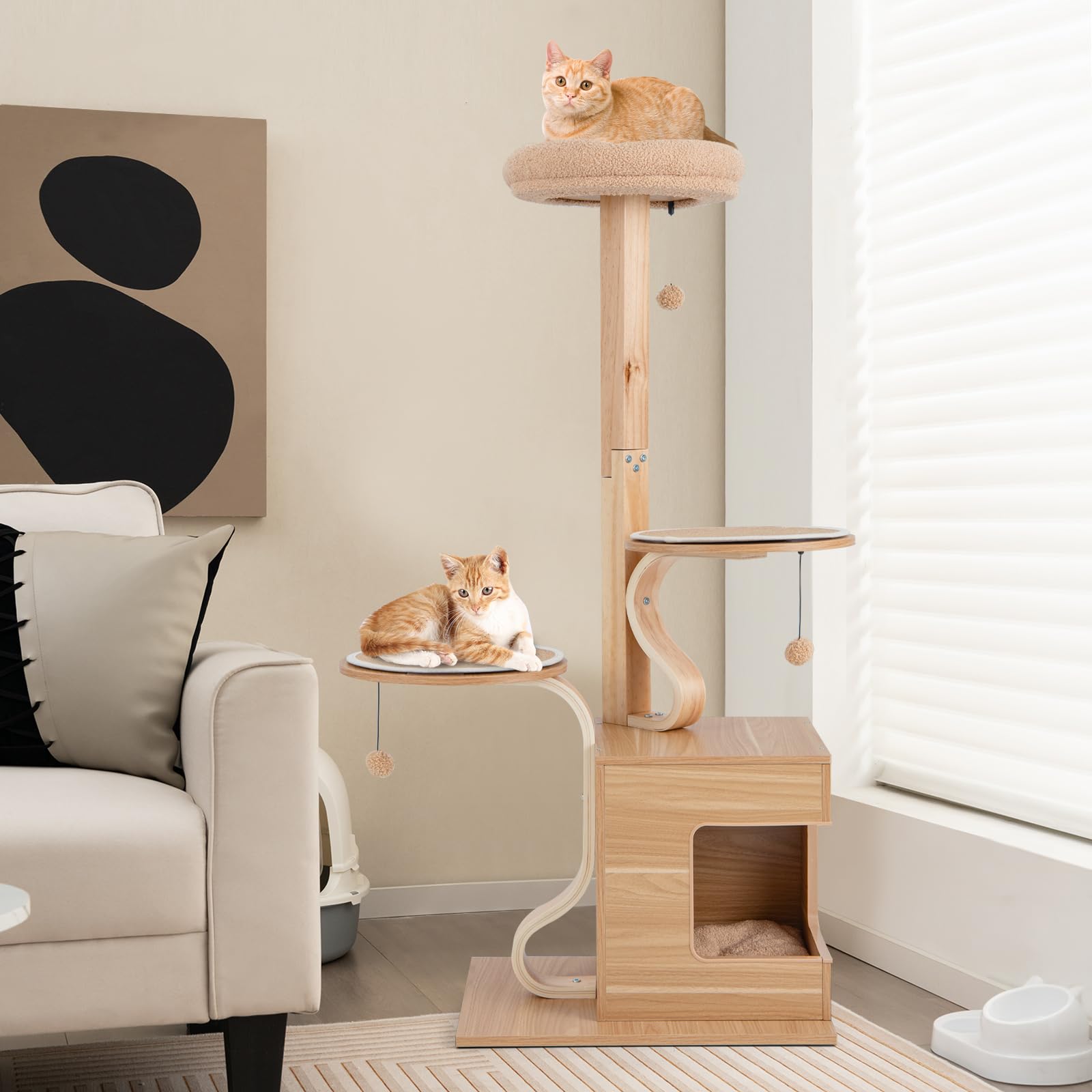 Tangkula Modern Cat Tree, 51 Inch Tall Cat Tower with Solid Wood Post, Curved Plywood Frame, Cat Condo, Perch, Washable Cushions, 4-Layer Cat Activity Center, Cat Tree for Indoor Cats Large Adult