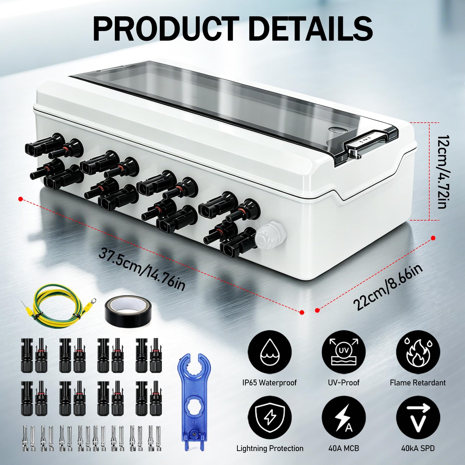 Zabezpieczenie przeciwprzepięciowe PV DC, wyłącznik odgromowy, wyłącznik nadprądowy, DC 4 struny, 500 V, 40 A, ochrona przed napięciem, wodoszczelność IP65, skrzynka przyłączeniowa solarna do