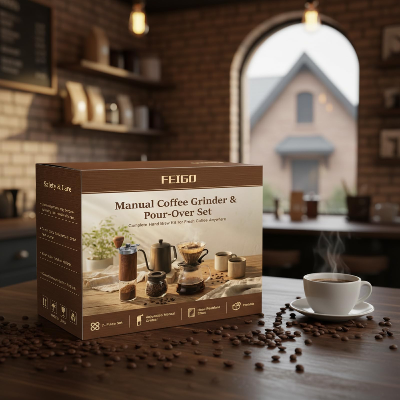 Ensemble de moulin à café manuel de 7 pièces,ensemble d'outils de brassage de café portable,Coffee Grinder Degré avec bouilloire 600ml,Mouture Réglable,Outdoor Travel Picnic（100 filtres）