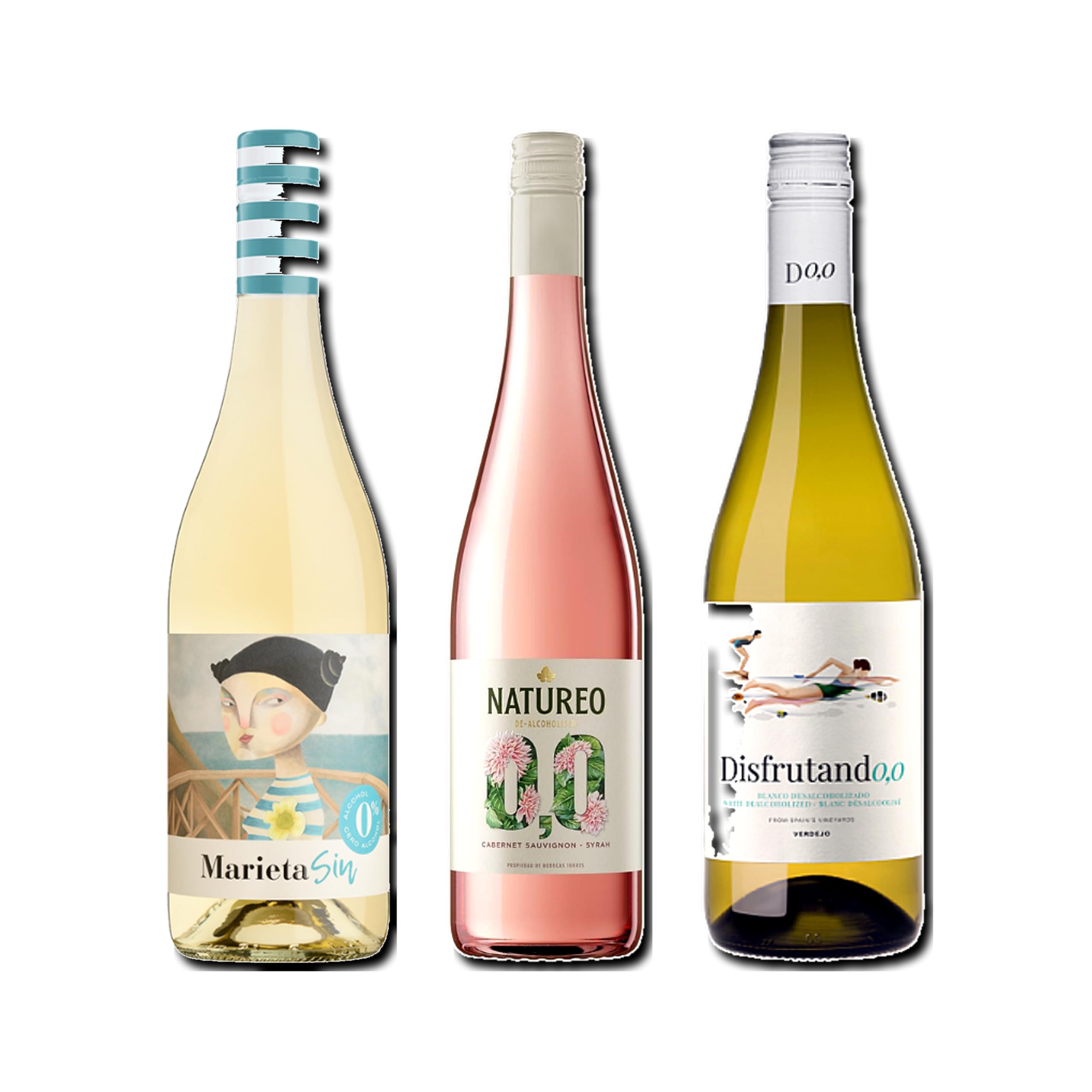 vino sin alcohol 0,0 Marieta, Natureo Rosado y Disfrutando 0,0 Blanco pack de 3 botellas 75cl