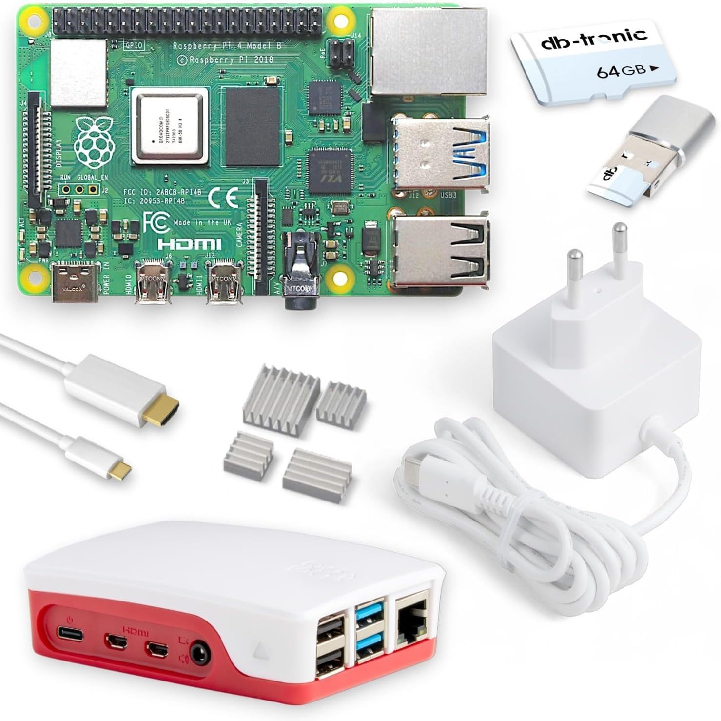 db-tronic Raspberry Pi 4 1GB Starter Set | 64GB Edition | Power Supply 15W | Housing Red/White | Heatsink Set | 4K Micro HDMI Cable | Ideal for Smart Home, Retro Gaming & Home Assistant-image-45