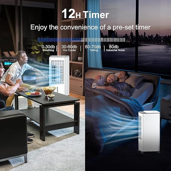 Portable Air Conditioner Cooling Fan with Remoter Air Conditioning Unit with 3 Wind Speeds Air Cooler Fan with 12h Adjustable Timer 7LTank 120° Oscillating Humidifier for Bedroom Car Office