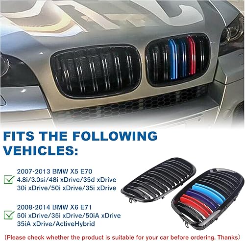 Miniatura 88 de Parrilla de riñón para parachoques delantero, color negro brillante, compatible con BMW X5 E70 X6 E71 2007-2014 doble listón doble línea Láminas
