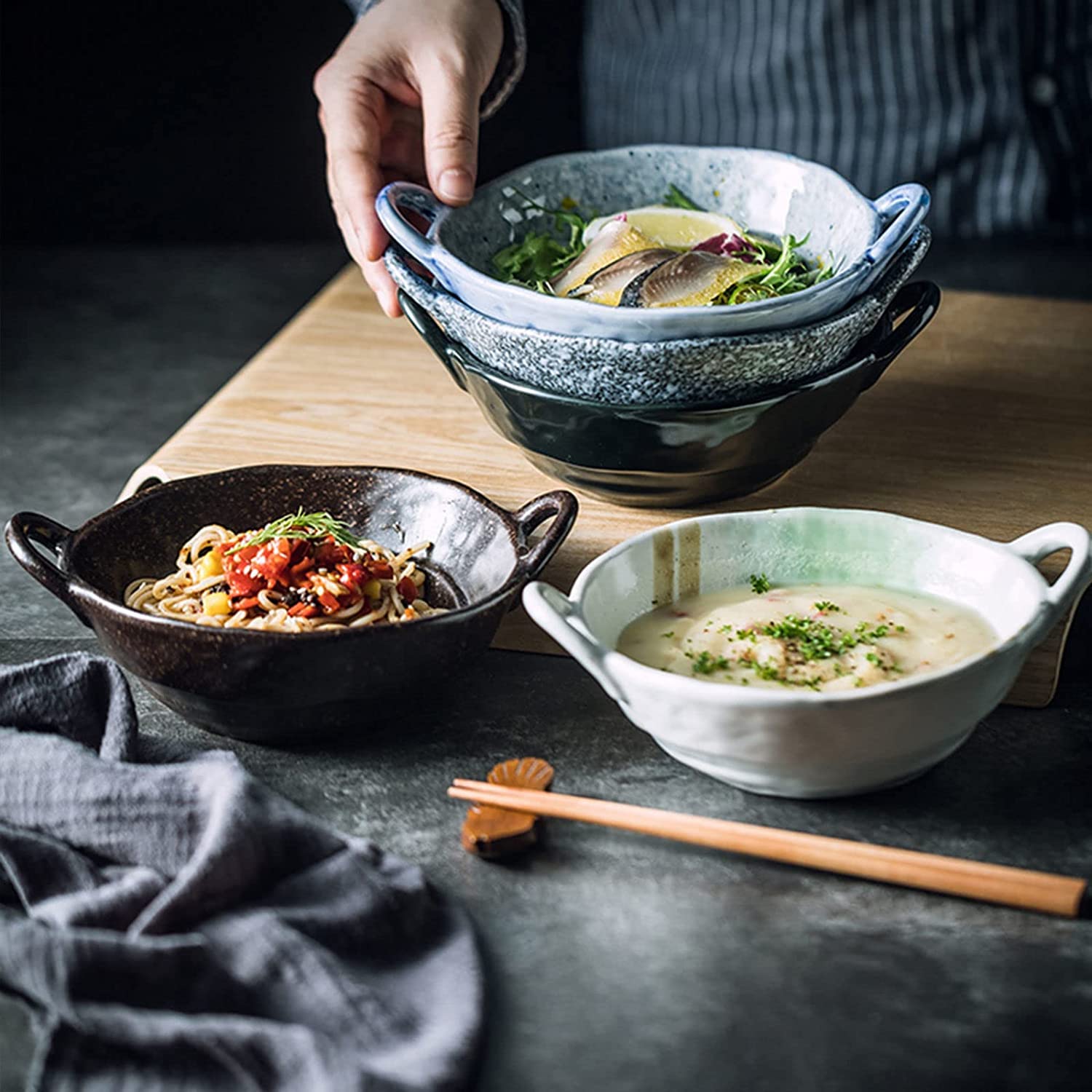 Vaisselle Bol à soupe ramen en céramique, tasse à soupe, grand bol à ramen en céramique, bol à soupe à l'oignon profond allant au four, bol de service allant au micro-ondes.-blanc-600 ml 21 oz (couleu