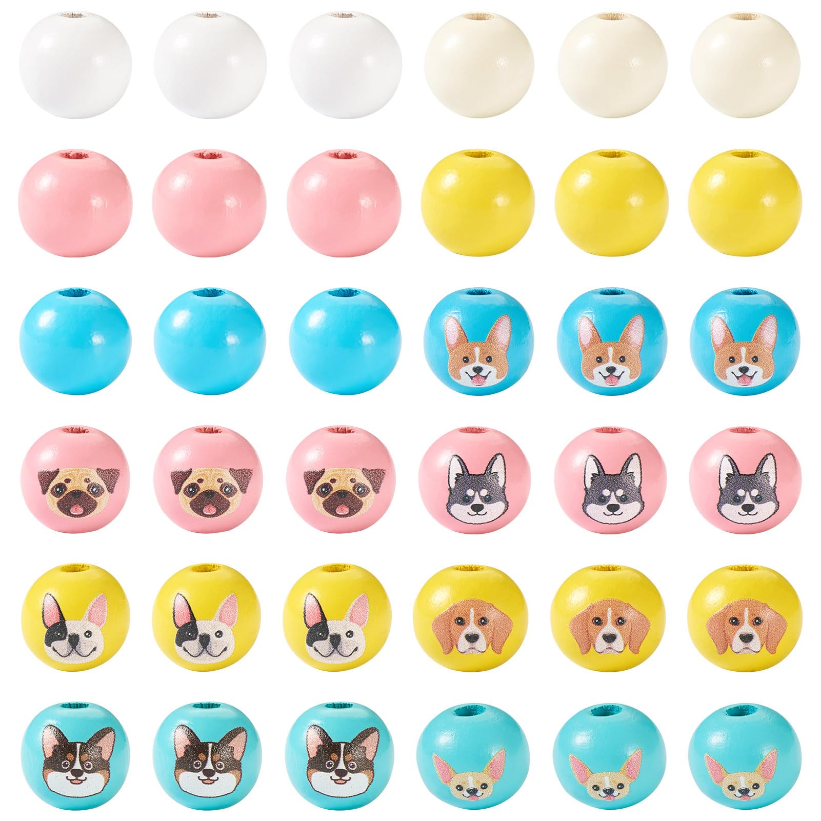 Crafans 235Pcs Dog Theme Wood Beads, 16mm Round Large Hole, Cute Dog Patterns, Natural Wood