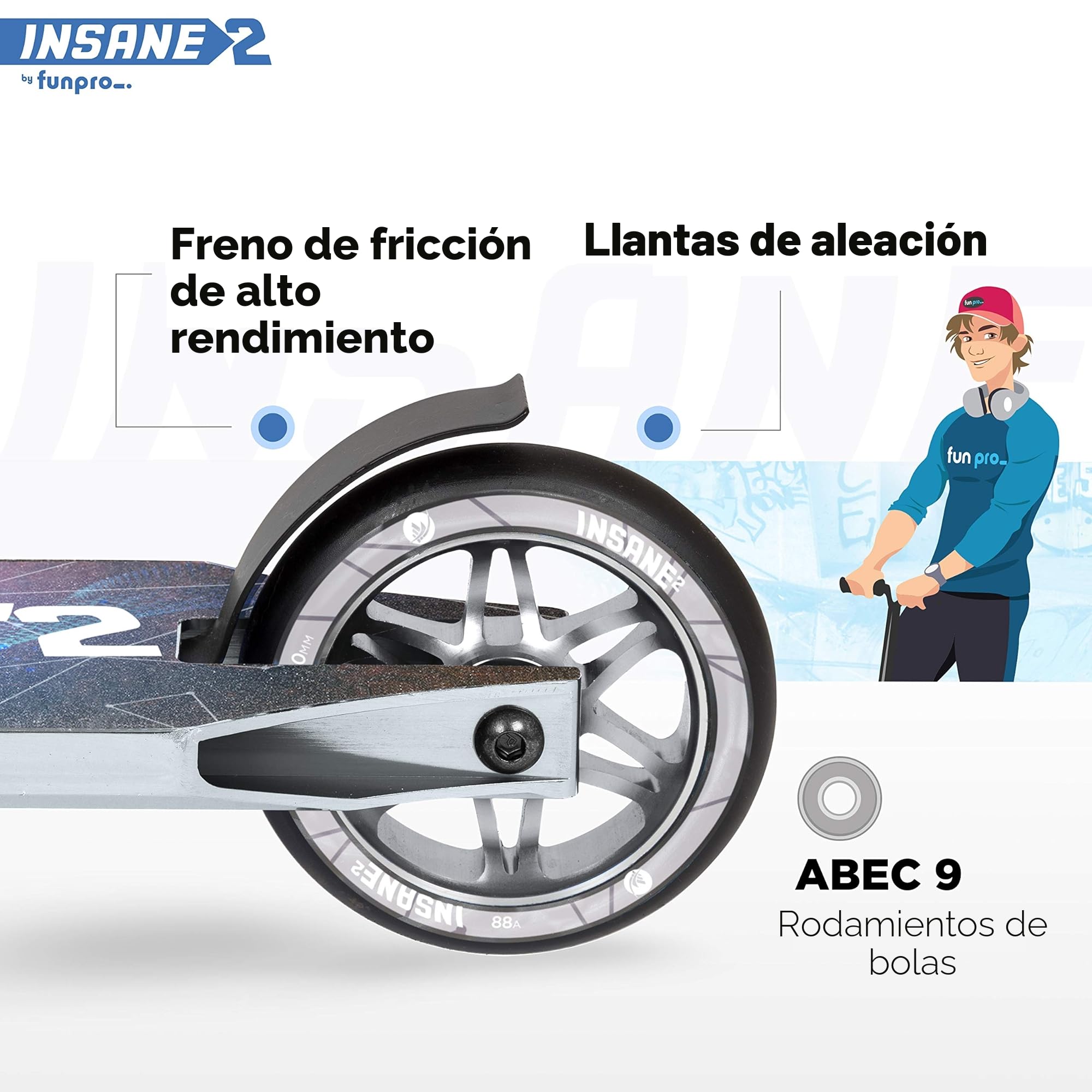 Fun Pro Insane2, Scooter acrobático hasta 100 KG, 36 Meses de garantía, ABEC9, HIC, Ruedas de 110mm con núcleo de Aluminio, Distribuidor de Hamburgo (Stunt Fun Trick Scooter)