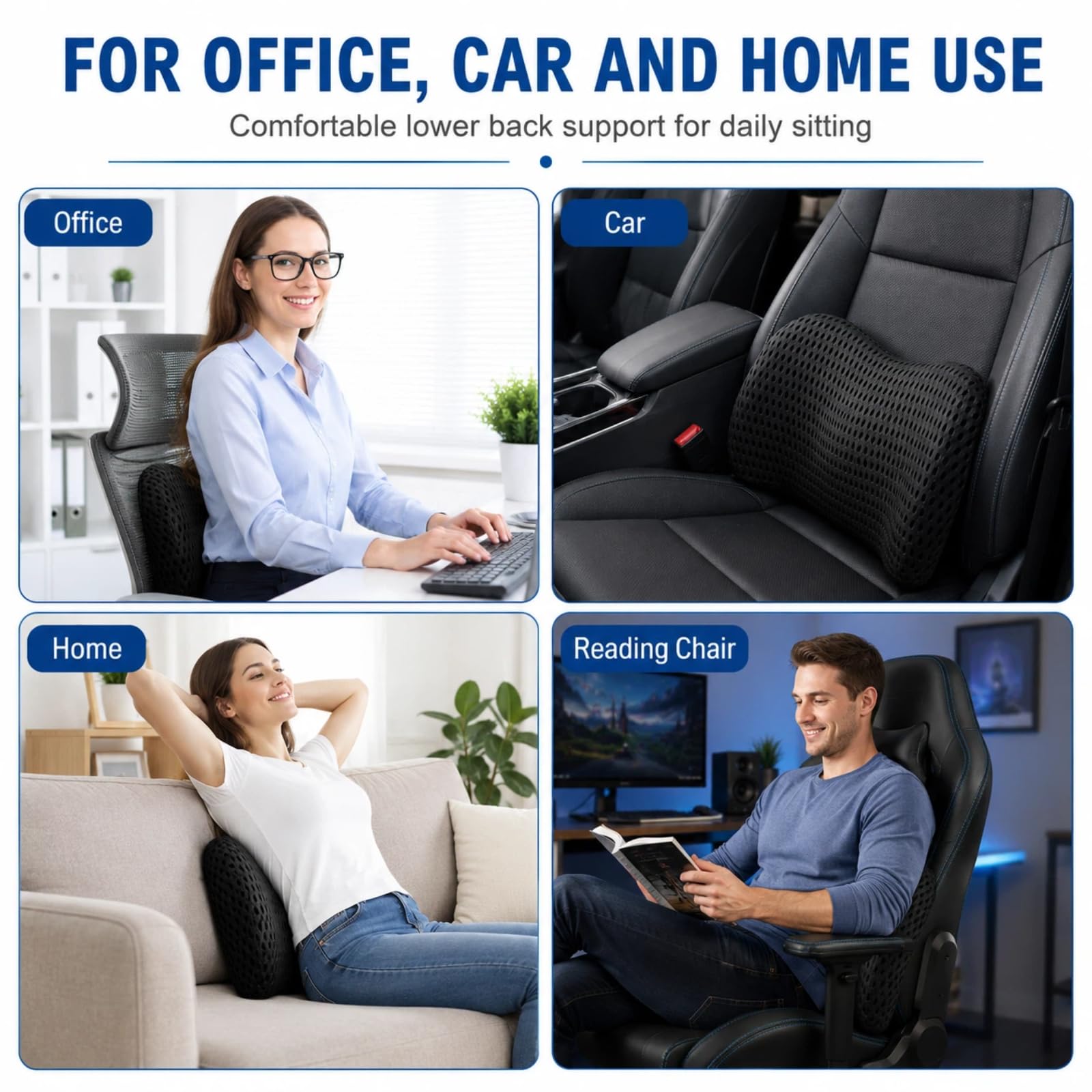 Cuscino Lombare in Memory Foam, Supporto Schiena Ergonomico per Sedia Ufficio e Auto, Design Ortopedico Traspirante Mesh 4D per Sollievo dal Dolore, Cinghia Regolabile