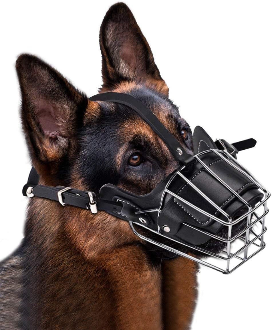 Dog Muzzle, loveone(TM) Adjustable Wire Leather Basket Mask for Anti-Bite, Strong Breathable Metal Safety Protection Cover for Medium/ Large Pets(L, Black)