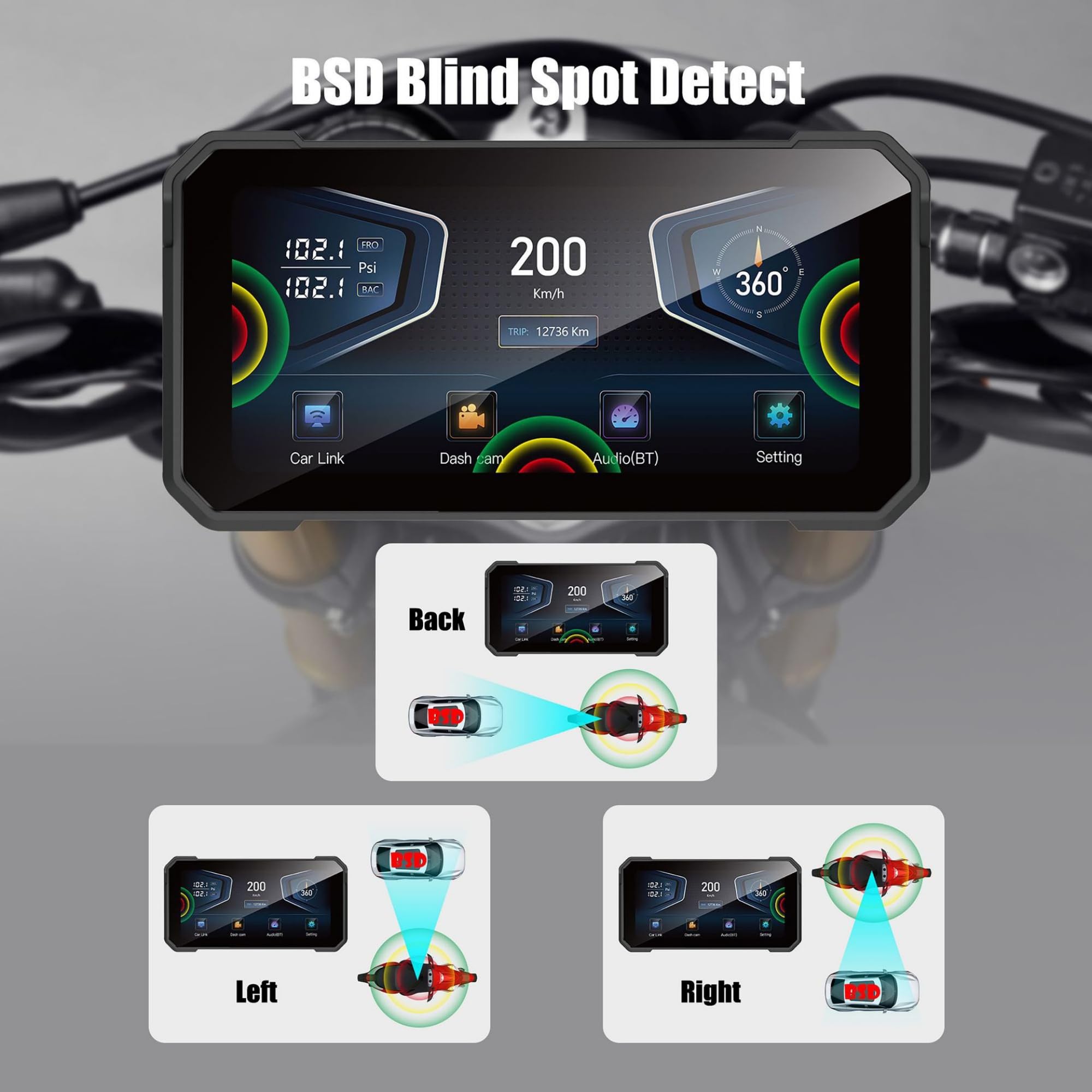 Navigatore GPS Moto 6,2 Pollici Doppia Fotocamera CarPlay Wireless Android Auto Impermeabile IPX6 TPMS BT5.0