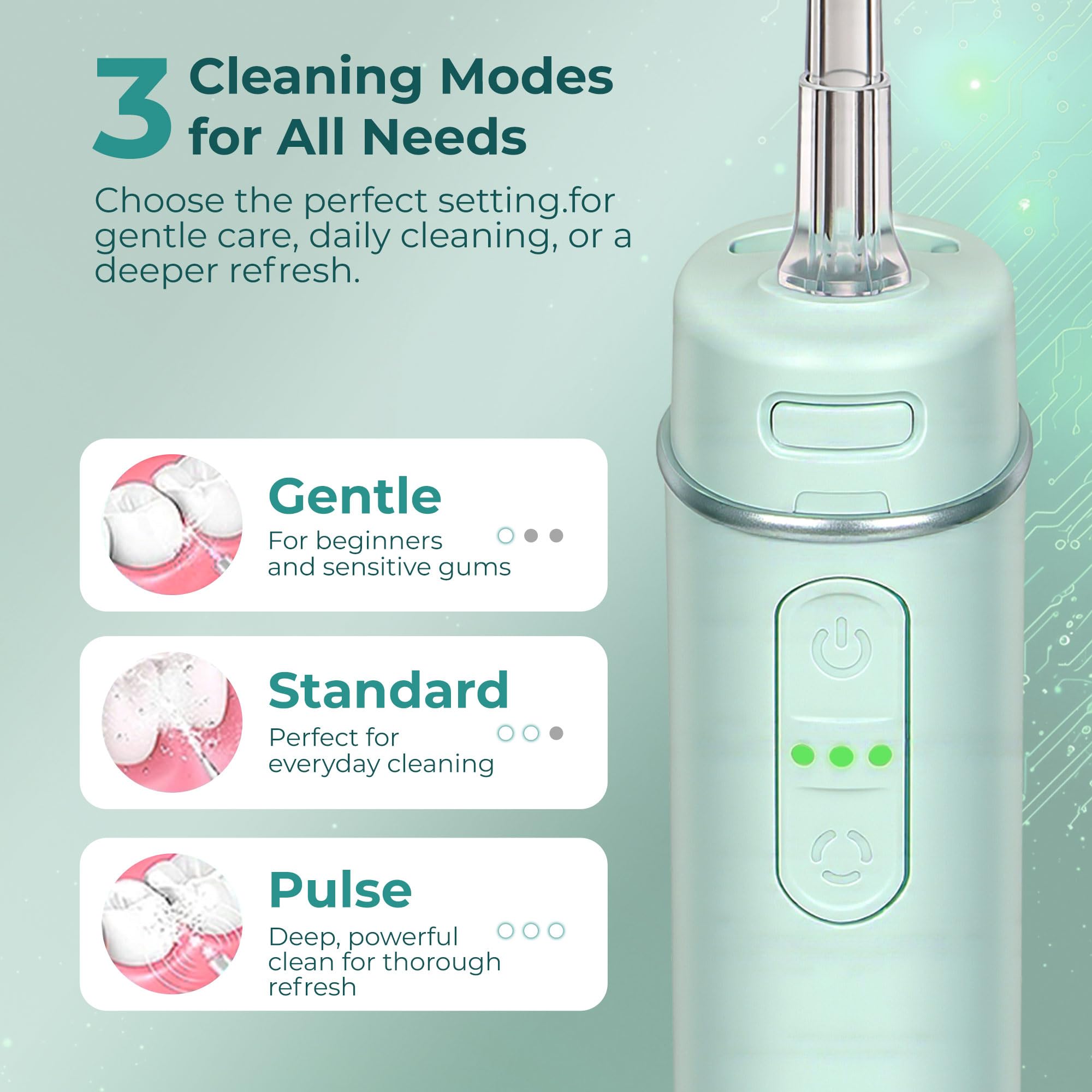 BarberBoss Hydropulseur voyage, hydropulseur poche avec 3 réglages de pression, 6 embouts (3 standard, orthodontique, parodontal, nettoyeur langue), irrigateur buccal portable sans fil, QR-7115 (vert)