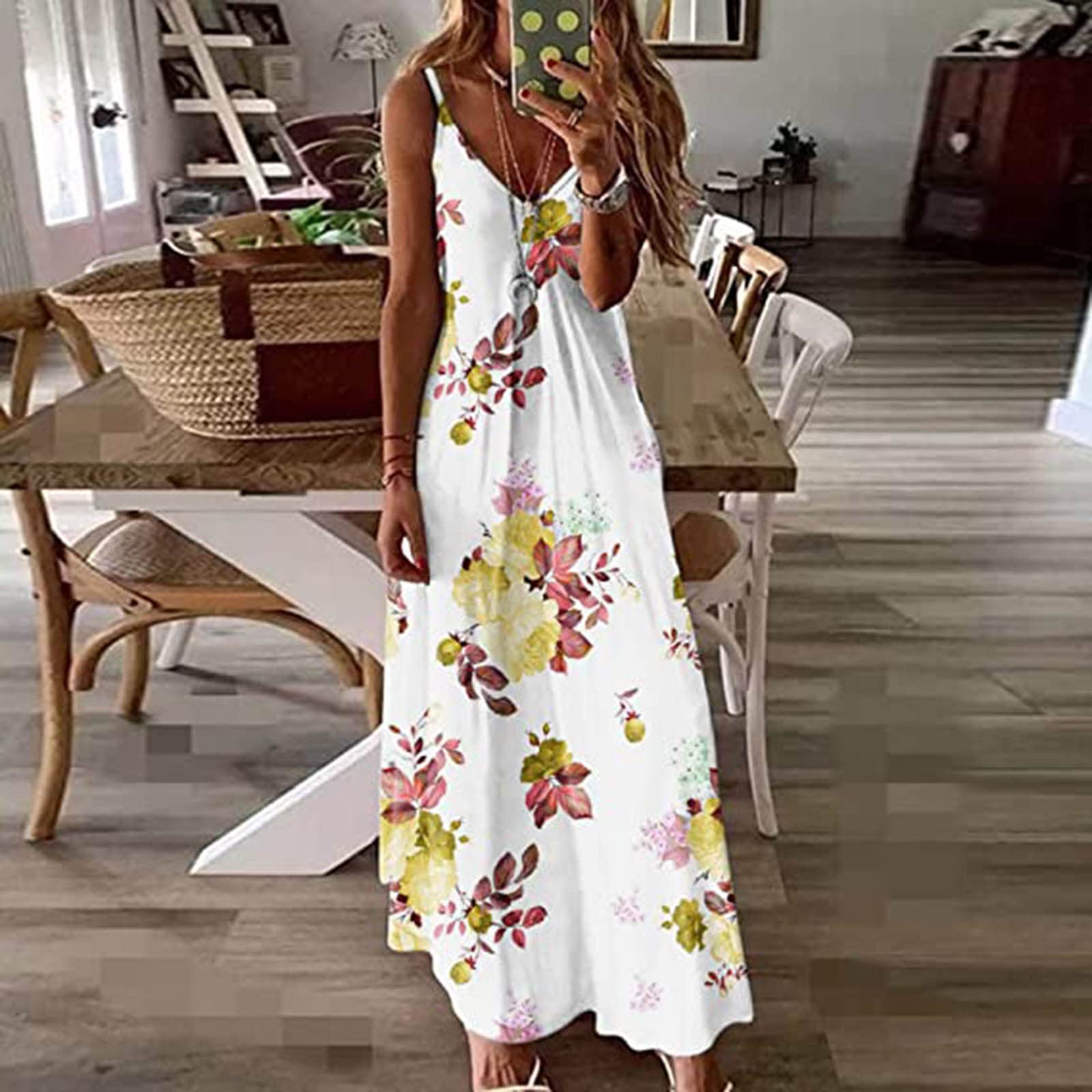 Abito da Donna a Canotta Lunga con Stampa Senza Maniche Abito Lungo da Donna Casual con Scollo a V Vestito Maniche Sportivo
