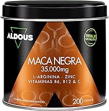 Maca Noire 35.000 mg - 200 gélules - Extra Forte - Extrait 20:1 - Avec Arginine, Zinc, Vitamine C, B12 et B6 - Maca du Pérou hautement concentrée - Régulateur hormonal, Énergie, Vitalité - ALDOUS