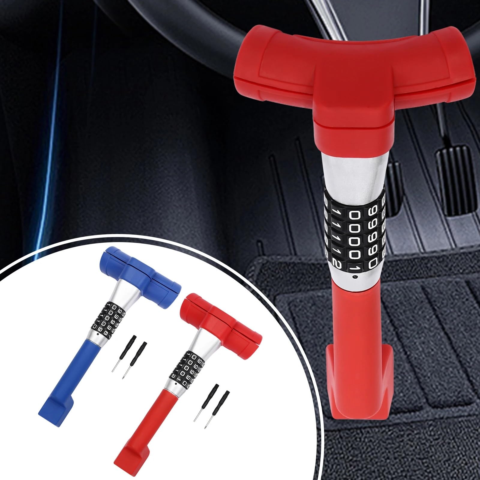 Antifurto Meccanico Blocco di protezione cifratura del volante da 6 cm/2,4 pollici antifurto per auto famiglia in alluminio Antifurto di Bloccaggio(Red)