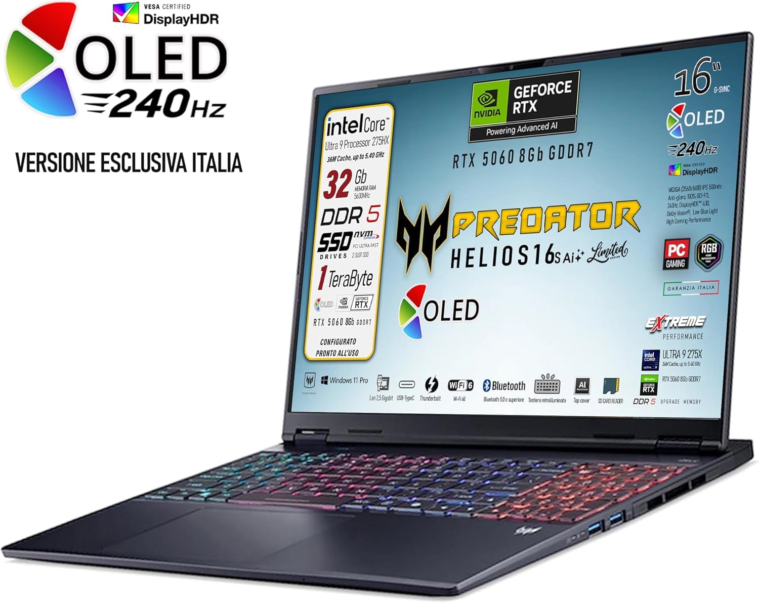 Acer Predator Helios Neo 16s Ai Ultraslim Oled 240Hz Limited Edition | Intel Ultra 9-275HX 24core, RAM DDR5 32GB, SSD 1TB, 16" DCI-P3 100%, GeForce RTX 5060 8Gb, thunderbolt, Ready To Use