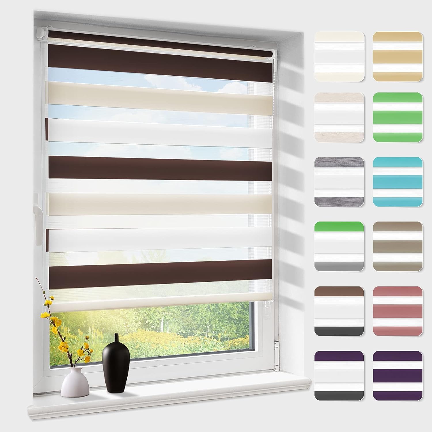 Doppelrollo klemmfix ohne Bohren, Duo Rollos für Fenster & Tür mit Bohren, Weiß Creme Braun B50 x H130cm (Stoffbreite 50 cm), Fensterrollo lichtdurchlässig & verdunkelnd, Klemmrollo Sonnenschutz