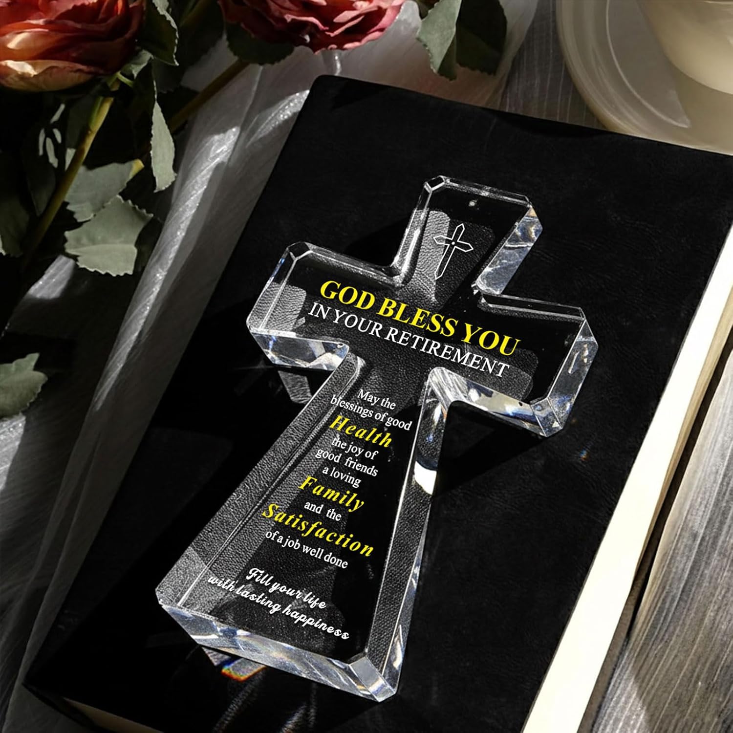 Christian Retirement Crystal Cross Keepsake, God Bless Your Retirement Faith Decor for Teachers, Coworkers, Bosses or Loved Ones