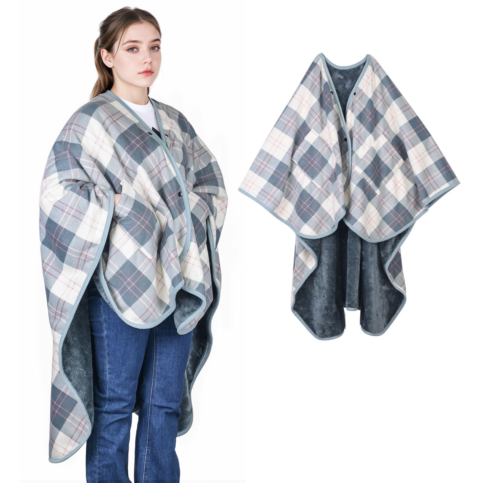 SIVENKE Damen Poncho Fleece Tragbare Decke Flanell Schal Decke Bequemer Poncho-Überwurf Cape mit Knöpfen und Taschen für Bett, Sofa, Büro