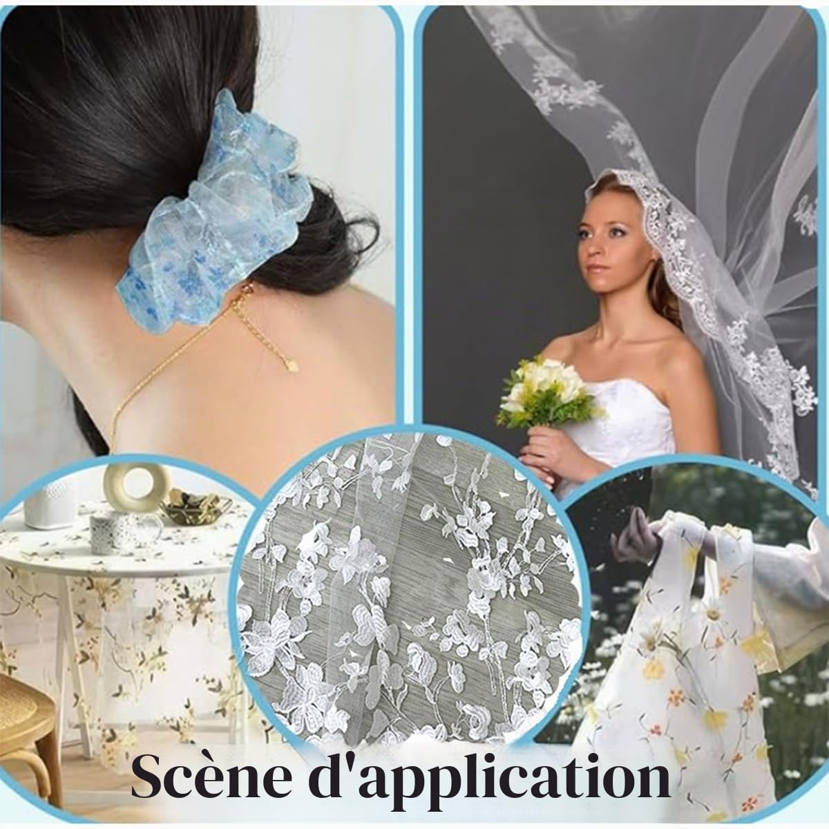 Broderie Dentelle Tulle Tissu 120cm Large Bordure Brodée Fleurs Tissu Floral Dentelle Maille Tissu 3D Fleurs Maille Tulle pour DIY Vêtements faits main Couture Mariage Voile Blanc 3 Yards