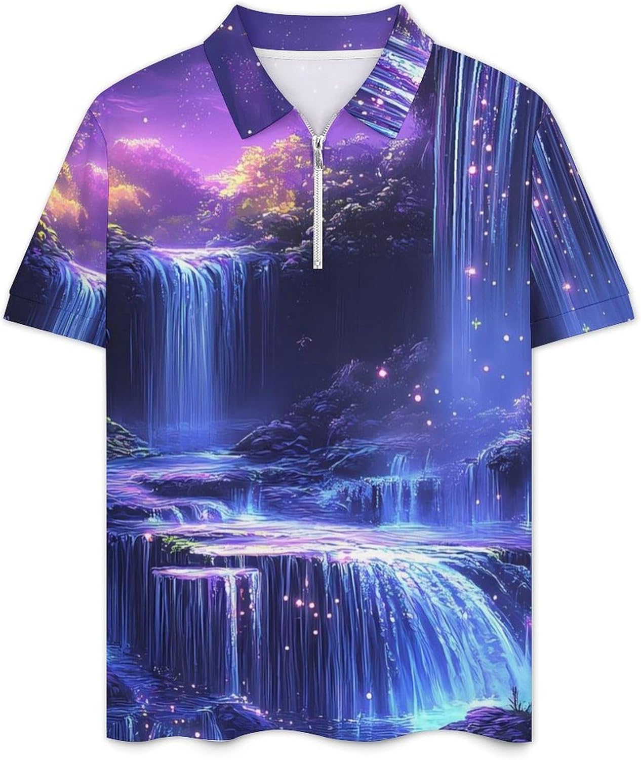 Moon Waterfall Mens Polo Shirts Track Suits 2 Piece Short Sleeve Sweatsuit 1/4 Zip Golf Loungewear for Sports
