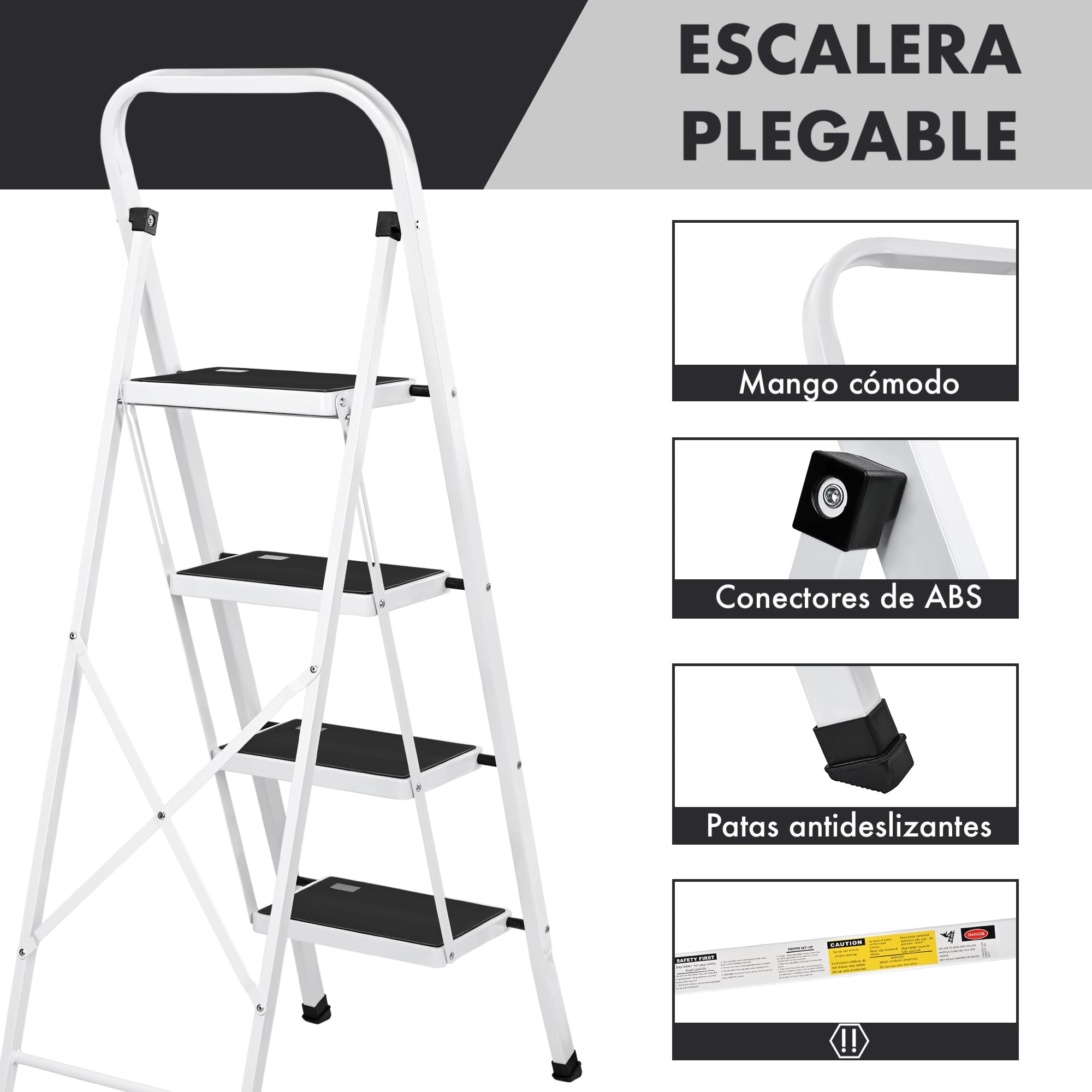 Escalera Plegable de 4 peldaños con Estructura de Acero | Taburete Multifuncional con Superficie Antideslizante y Base Estable | Ligera, portátil y Segura para hogar, Oficina y tareas domésticas